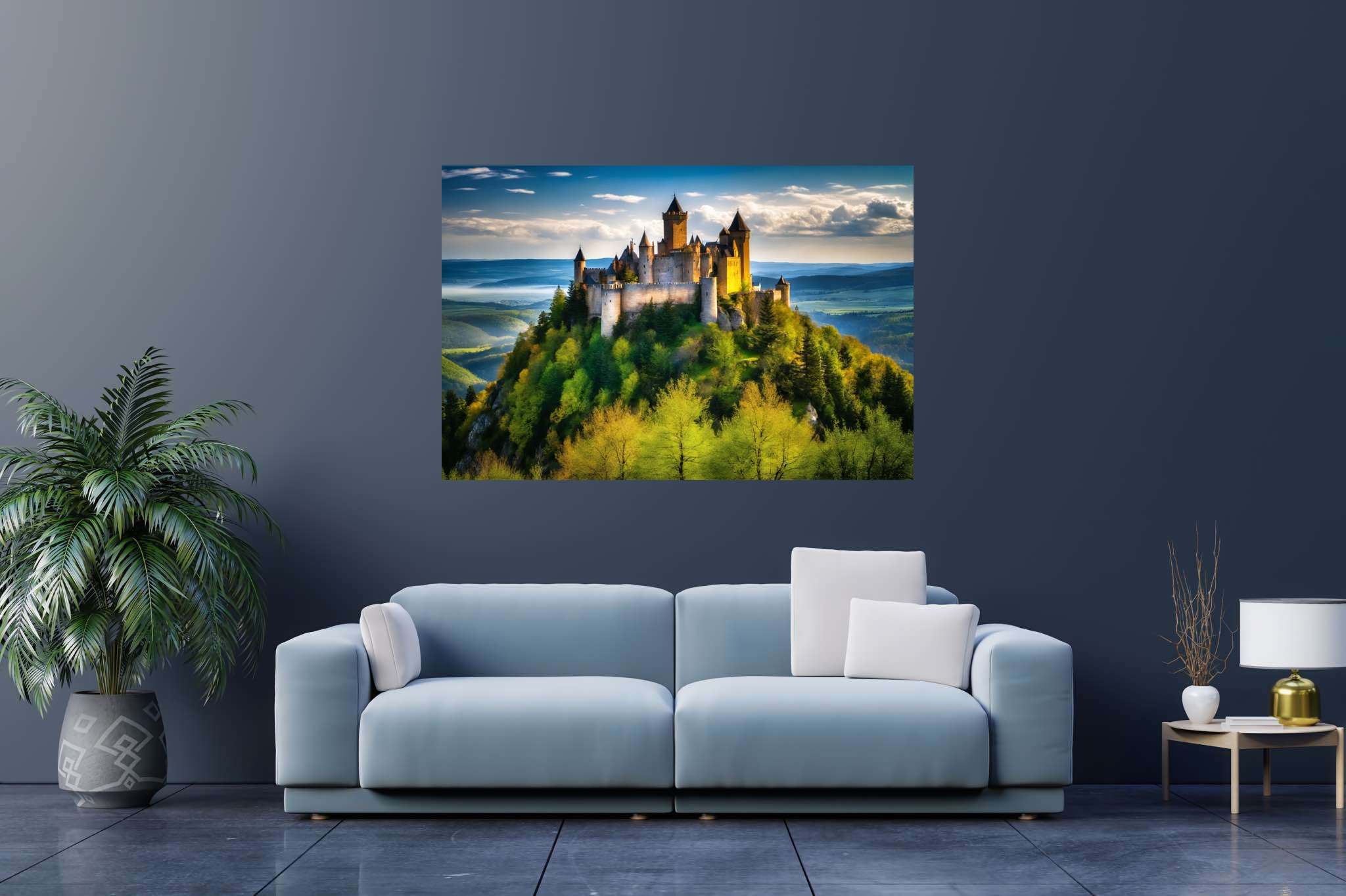 Realm of spires and dreams: Castle art with castle sketch, in a room with modern style, bespoke art designs, and luxe decor. The art can be printed on poster, framed poster, canvas, metal, acrylic or wood, exclusively at WallArtZen. Find this exact print at https://wallartzen.com/waz169