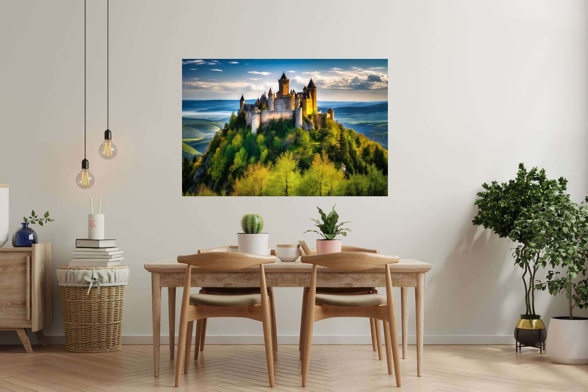 Realm of spires and dreams: Castle art with castle art, in a room with classic elegance, gallery-quality artwork, and home furnishings. The art can be printed on poster, framed poster, canvas, metal, acrylic or wood, exclusively at WallArtZen. Find this exact print at https://wallartzen.com/waz169