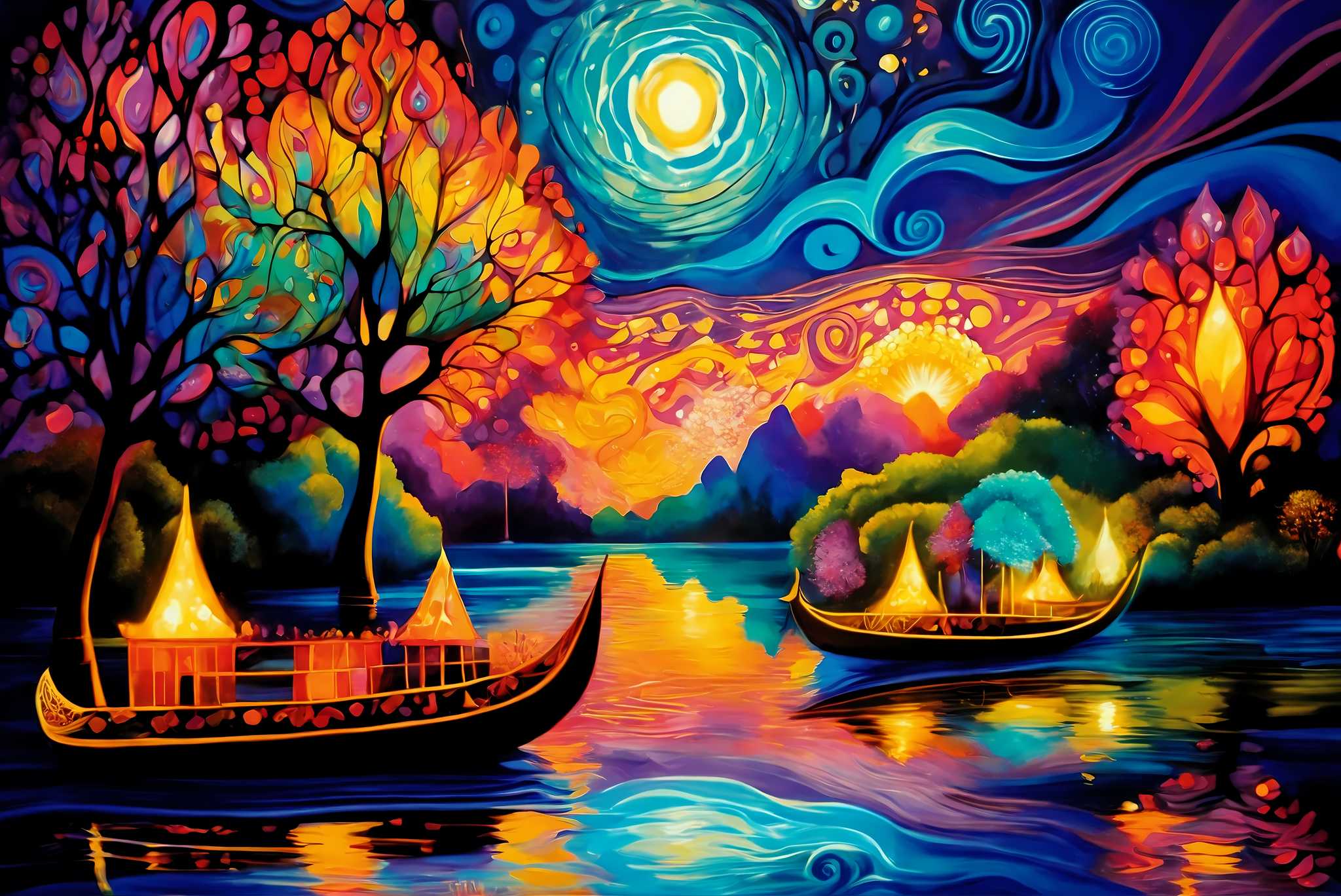 Midnight mirage sails: Surreal boat art with otherworldly nautical art, in a room with innovative layout, digital art pieces, and home furnishings. The art can be printed on poster, framed poster, canvas, metal, acrylic or wood, exclusively at WallArtZen. Find this exact print at https://wallartzen.com/waz16
