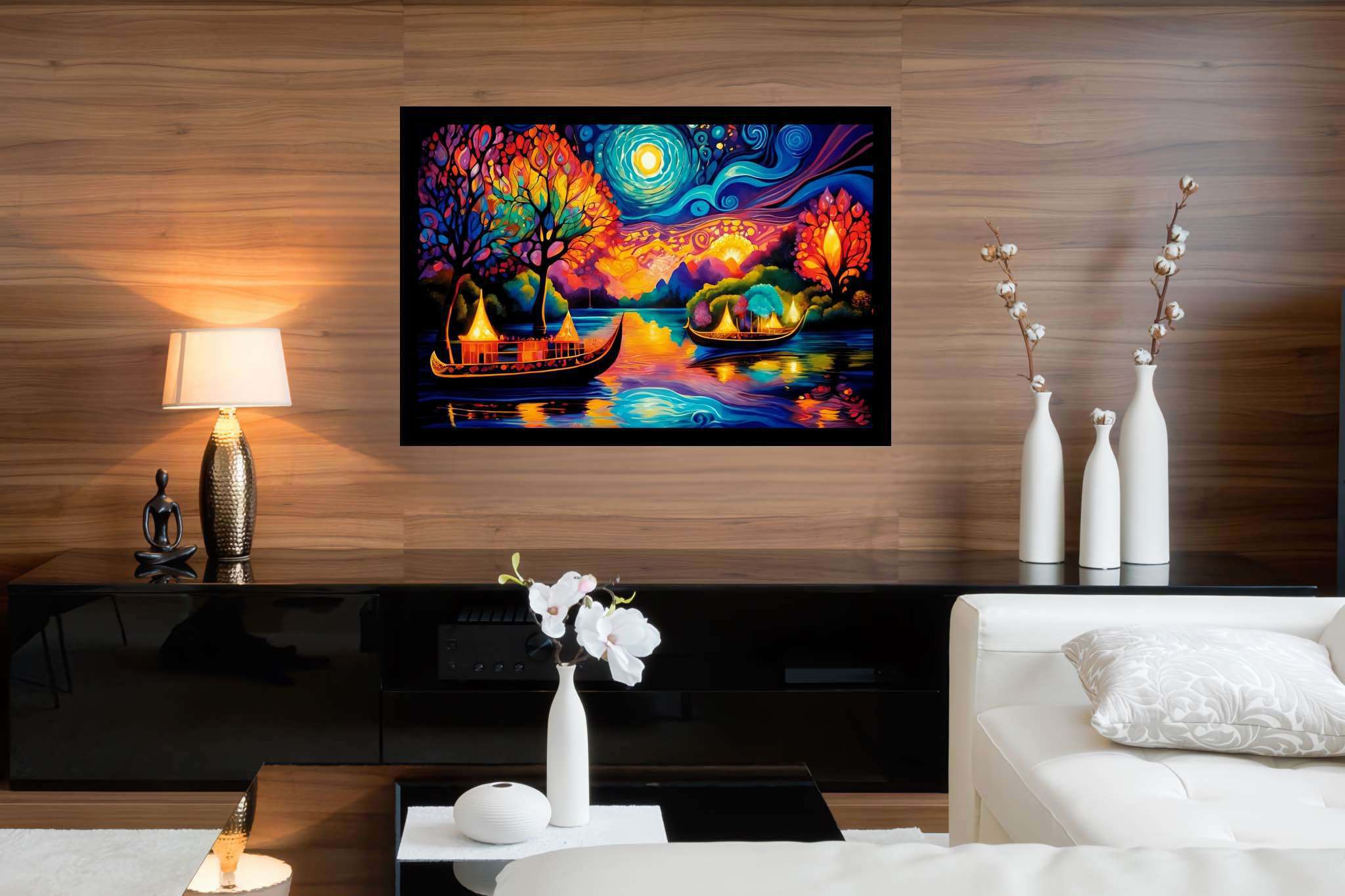 Midnight mirage sails: Surreal boat art with surreal boat art, in a room with minimalist approach, abstract paintings, and designer furniture. The art can be printed on poster, framed poster, canvas, metal, acrylic or wood, exclusively at WallArtZen. Find this exact print at https://wallartzen.com/waz16