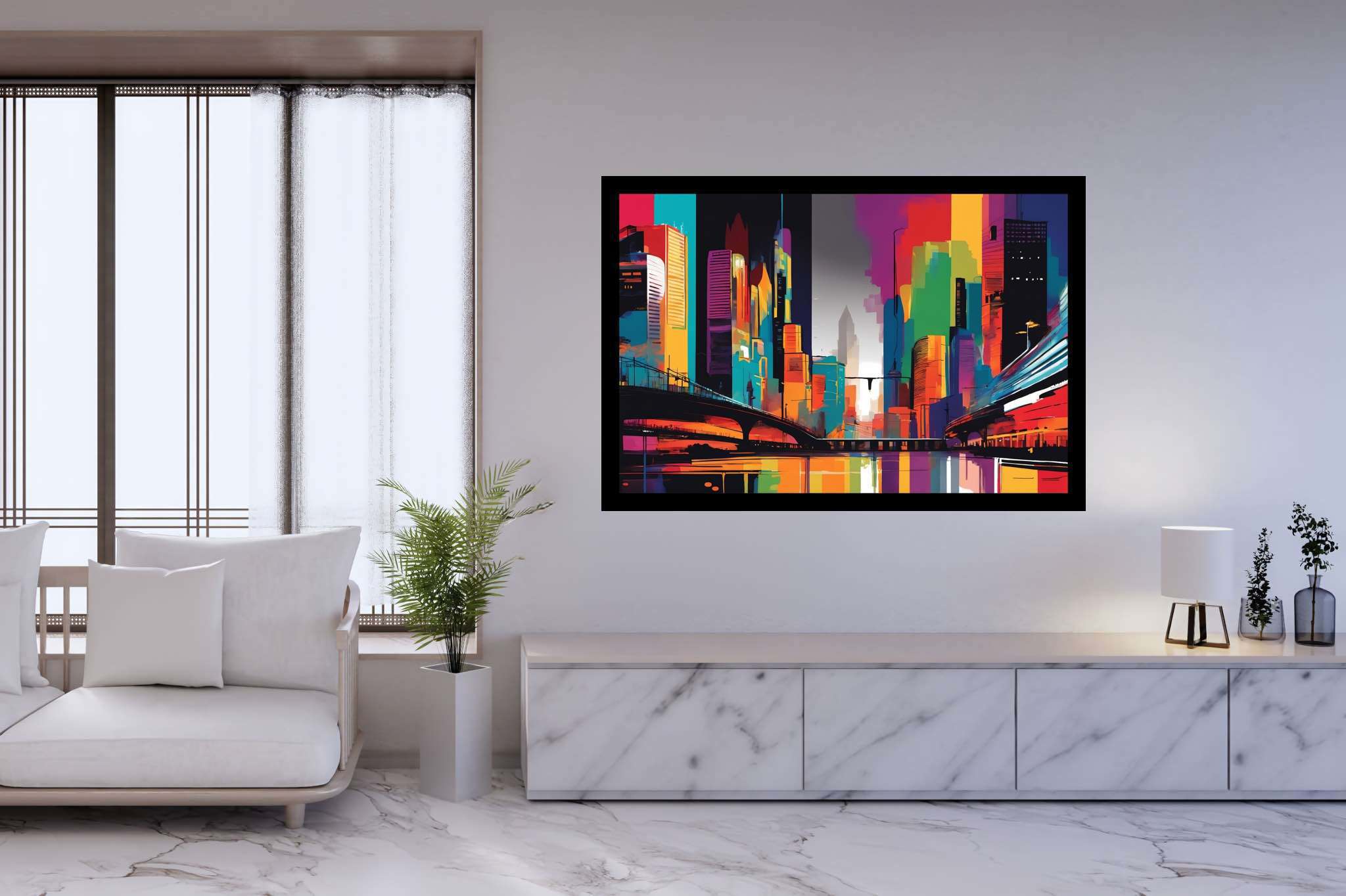 Metropolis reverie: Surreal cityscape art with magical cityscape art, in a room with chic decor, bespoke art designs, and trendy home accents. The art can be printed on poster, framed poster, canvas, metal, acrylic or wood, exclusively at WallArtZen. Find this exact print at https://wallartzen.com/waz170