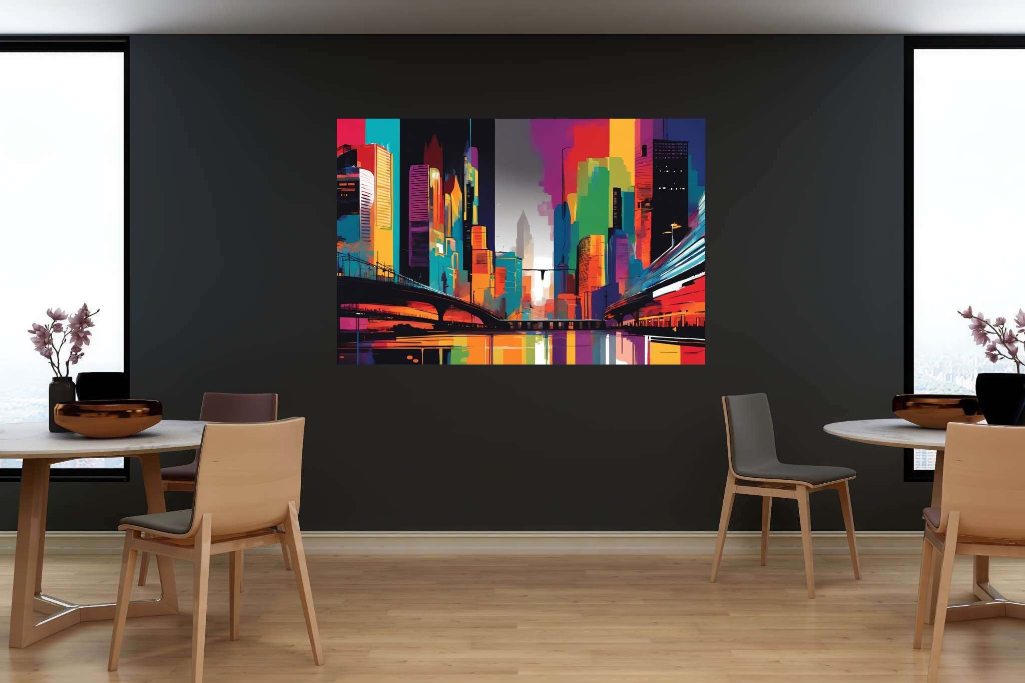 Metropolis reverie: Surreal cityscape art with surreal city panoramas, in a room with contemporary flair, photographic wall art, and decorative pieces. The art can be printed on poster, framed poster, canvas, metal, acrylic or wood, exclusively at WallArtZen. Find this exact print at https://wallartzen.com/waz170