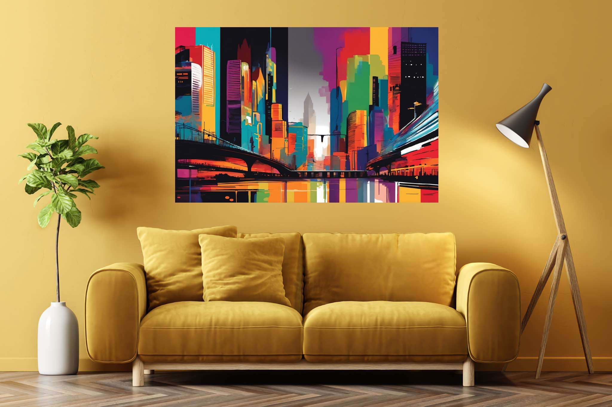 Metropolis reverie: Surreal cityscape art with mysterious cityscapes, in a room with contemporary flair, wall hangings, and stylish accessories. The art can be printed on poster, framed poster, canvas, metal, acrylic or wood, exclusively at WallArtZen. Find this exact print at https://wallartzen.com/waz170