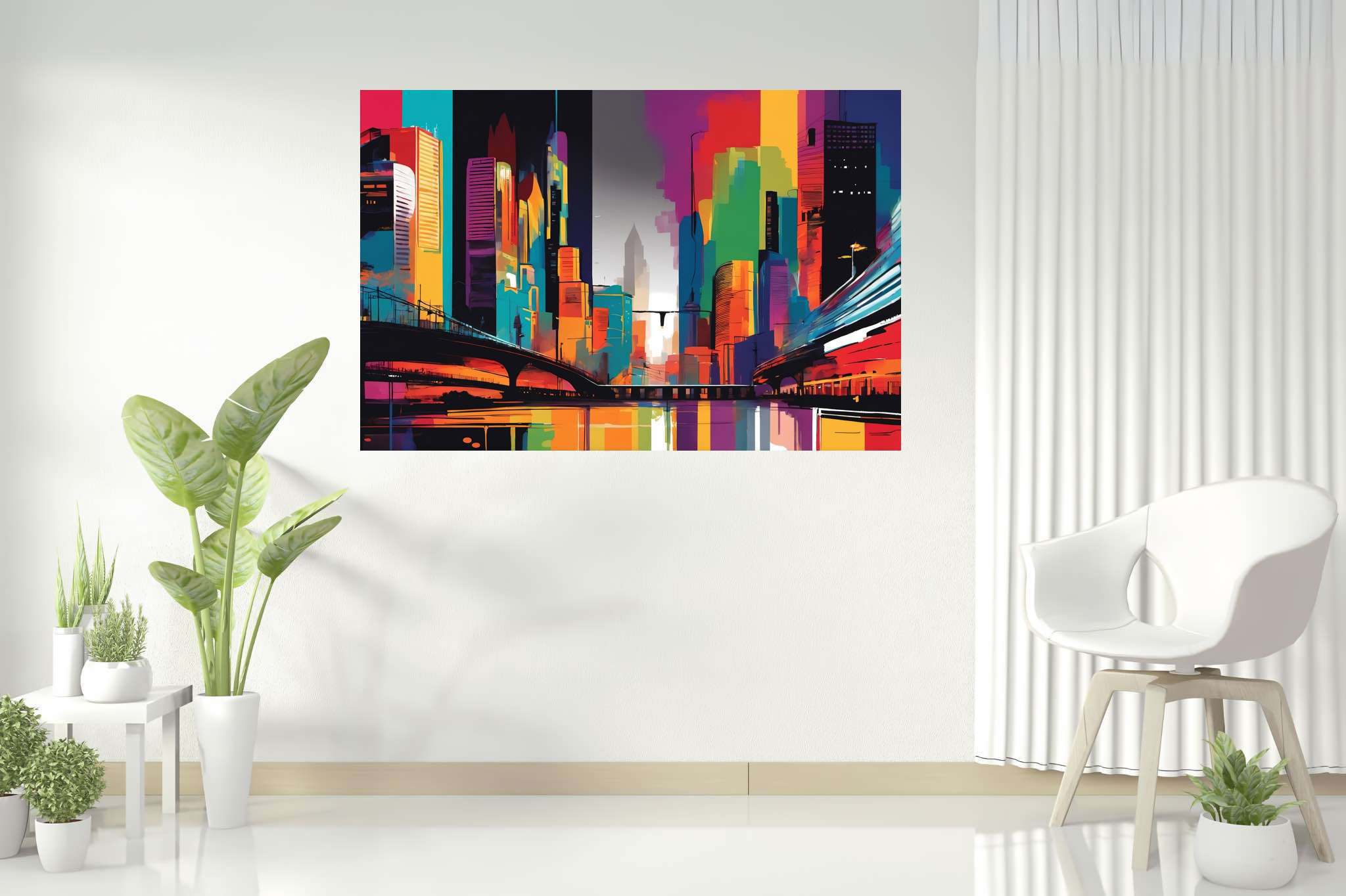 Metropolis reverie: Surreal cityscape art with surrealistic city art, in a room with artistic style, digital art pieces, and decorative pieces. The art can be printed on poster, framed poster, canvas, metal, acrylic or wood, exclusively at WallArtZen. Find this exact print at https://wallartzen.com/waz170