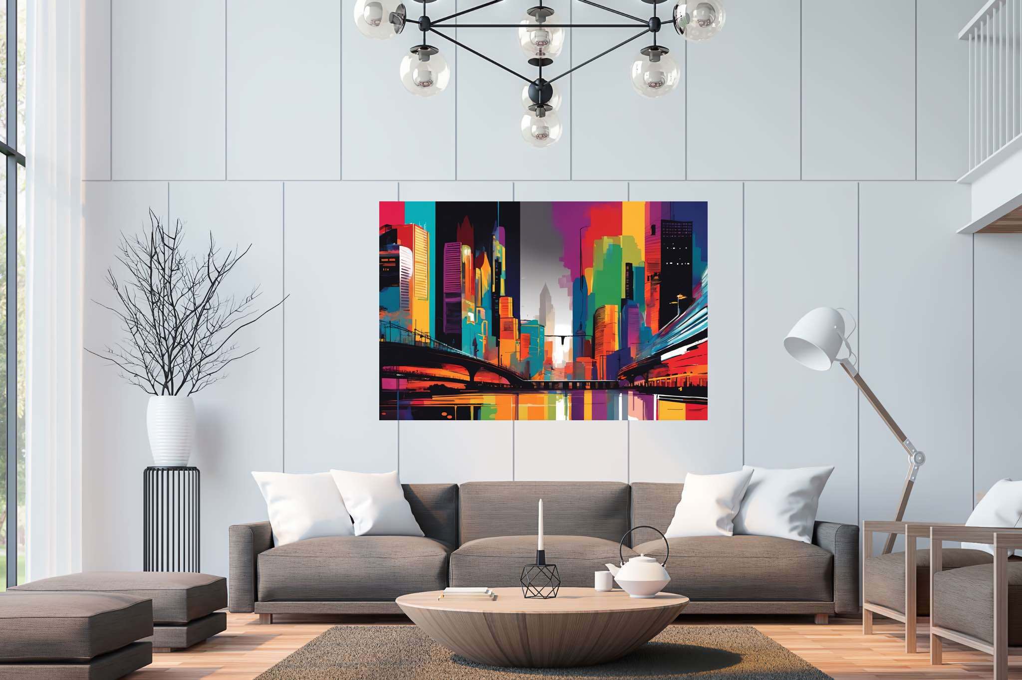 Metropolis reverie: Surreal cityscape art with imaginative urban artwork, in a room with contemporary flair, gallery-quality artwork, and designer furniture. The art can be printed on poster, framed poster, canvas, metal, acrylic or wood, exclusively at WallArtZen. Find this exact print at https://wallartzen.com/waz170