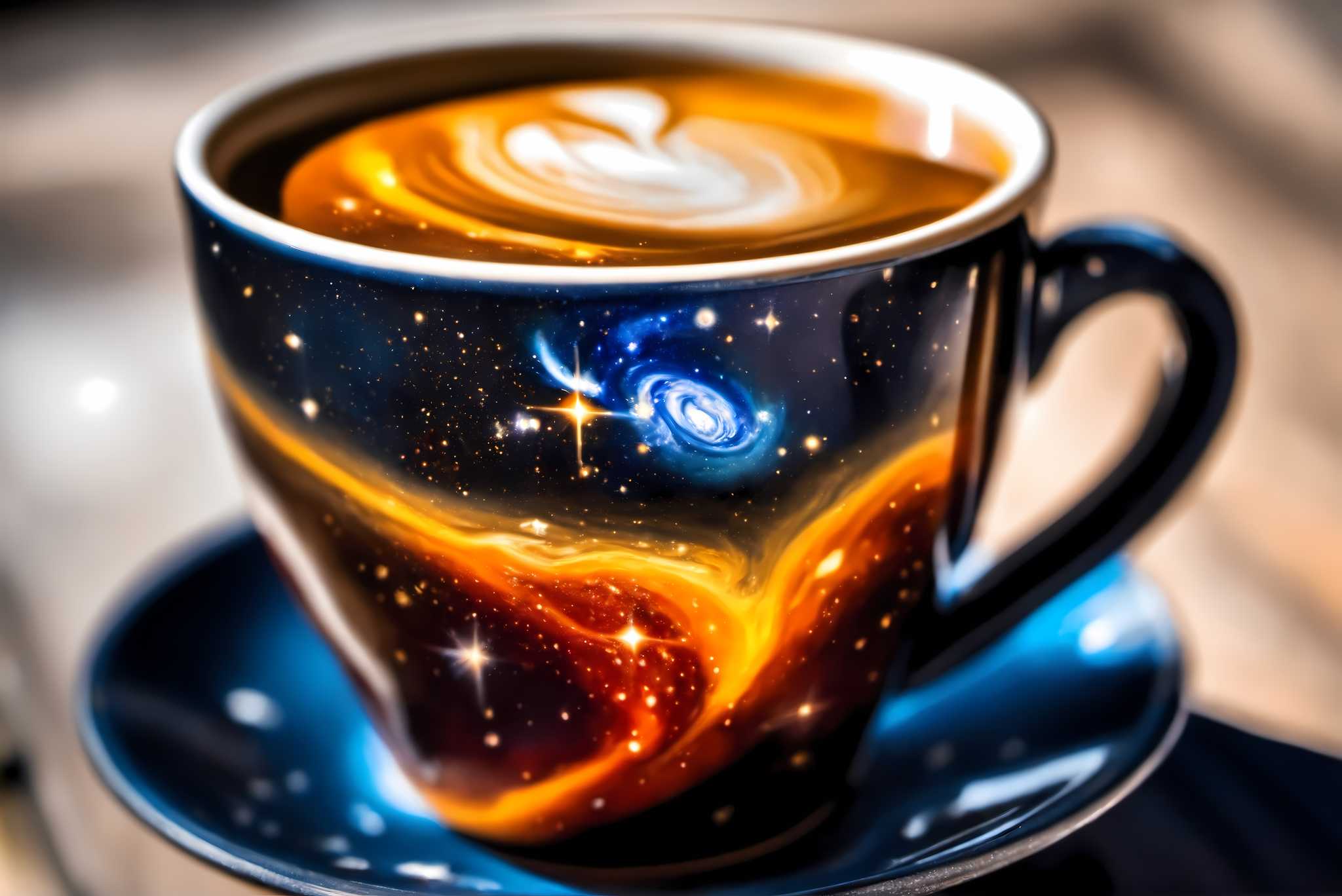 Cosmic caffeine reverie: Galaxy art with otherworldly compositions, in a room with urban design, canvas prints, and artisan decor. The art can be printed on poster, framed poster, canvas, metal, acrylic or wood, exclusively at WallArtZen. Find this exact print at https://wallartzen.com/waz171