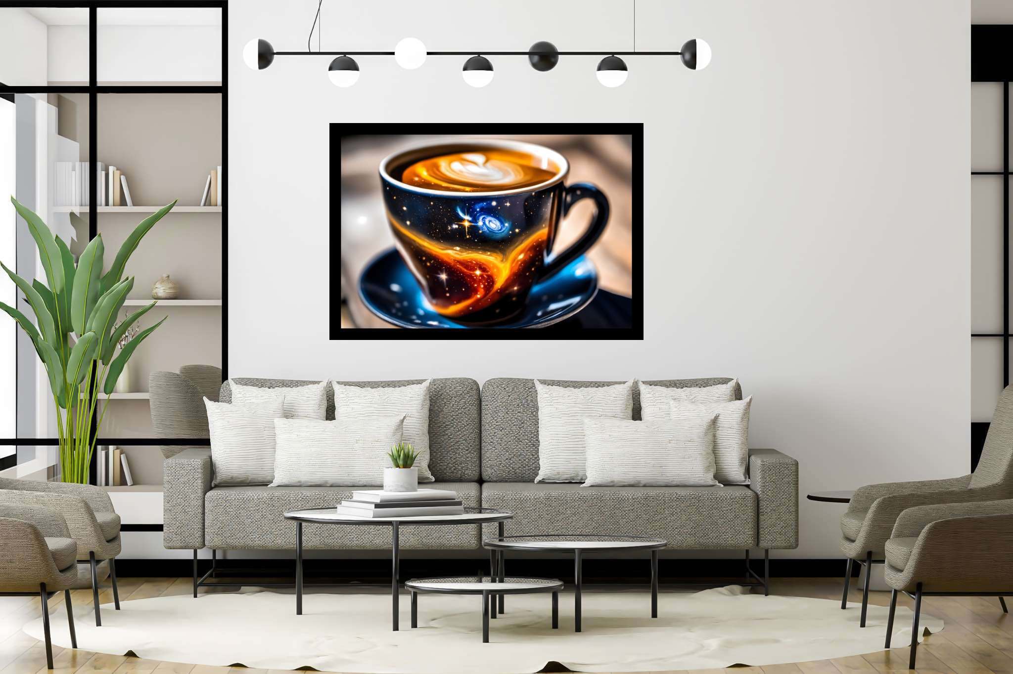Cosmic caffeine reverie: Galaxy art with planetary portrayals, in a room with minimalist approach, fine art prints, and trendy home accents. The art can be printed on poster, framed poster, canvas, metal, acrylic or wood, exclusively at WallArtZen. Find this exact print at https://wallartzen.com/waz171