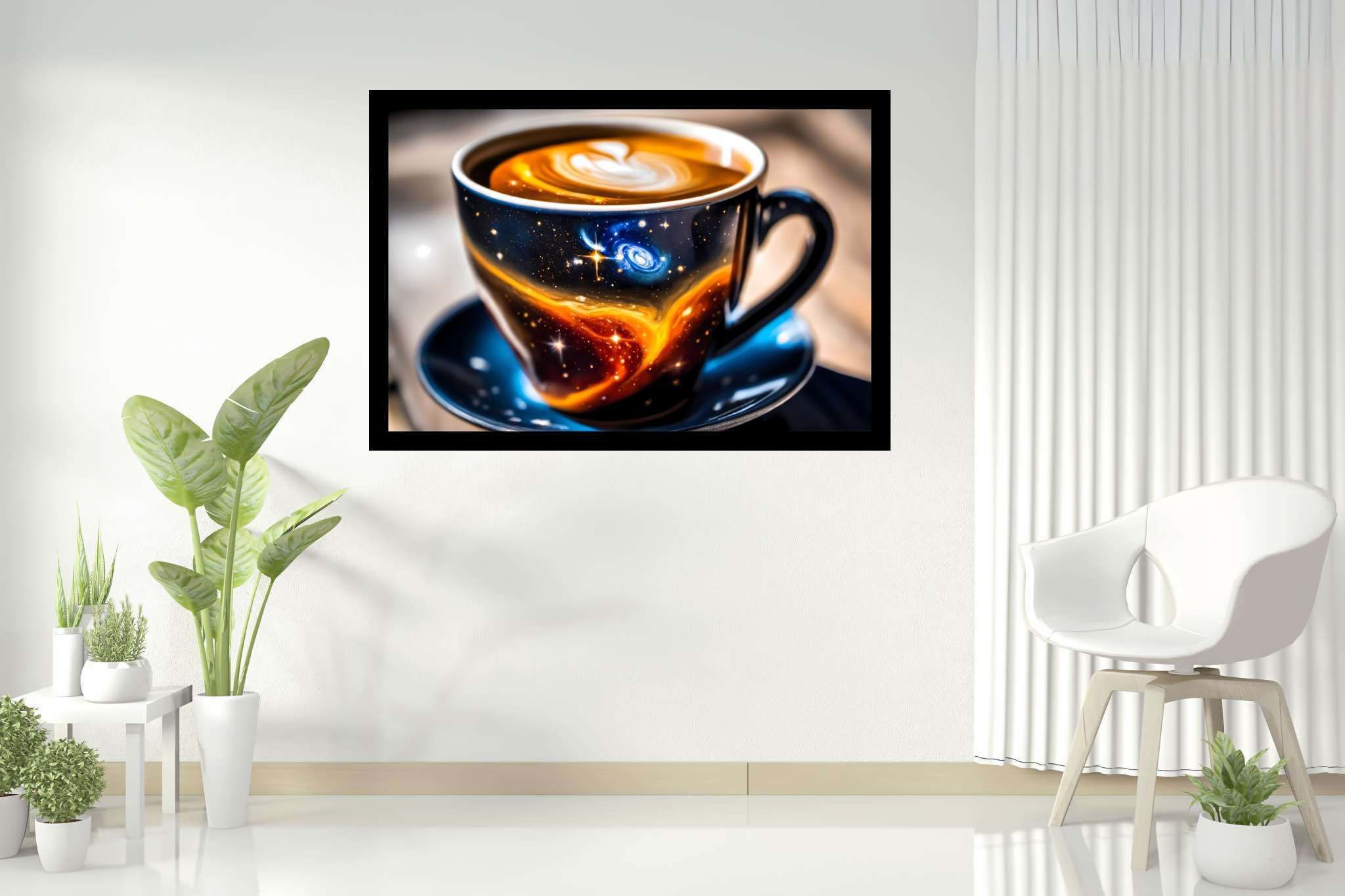 Cosmic caffeine reverie: Galaxy art with astronomical art, in a room with urban design, bespoke art designs, and home styling items. The art can be printed on poster, framed poster, canvas, metal, acrylic or wood, exclusively at WallArtZen. Find this exact print at https://wallartzen.com/waz171
