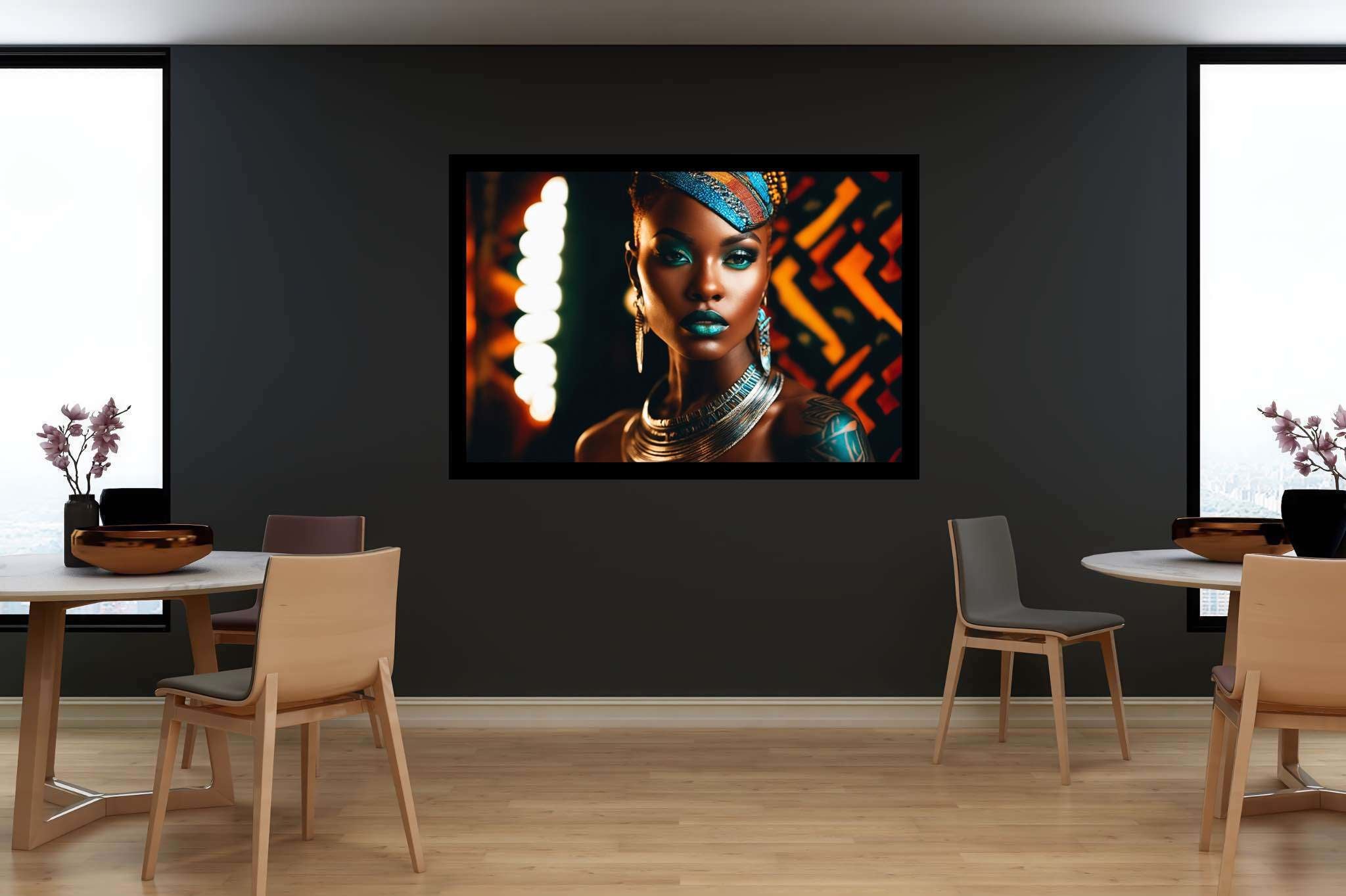 Colorful confidence unveiled: Vibrant makeup art with vibrant makeup ideas, in a room with minimalist approach, framed art, and decorative pieces. The art can be printed on poster, framed poster, canvas, metal, acrylic or wood, exclusively at WallArtZen. Find this exact print at https://wallartzen.com/waz172