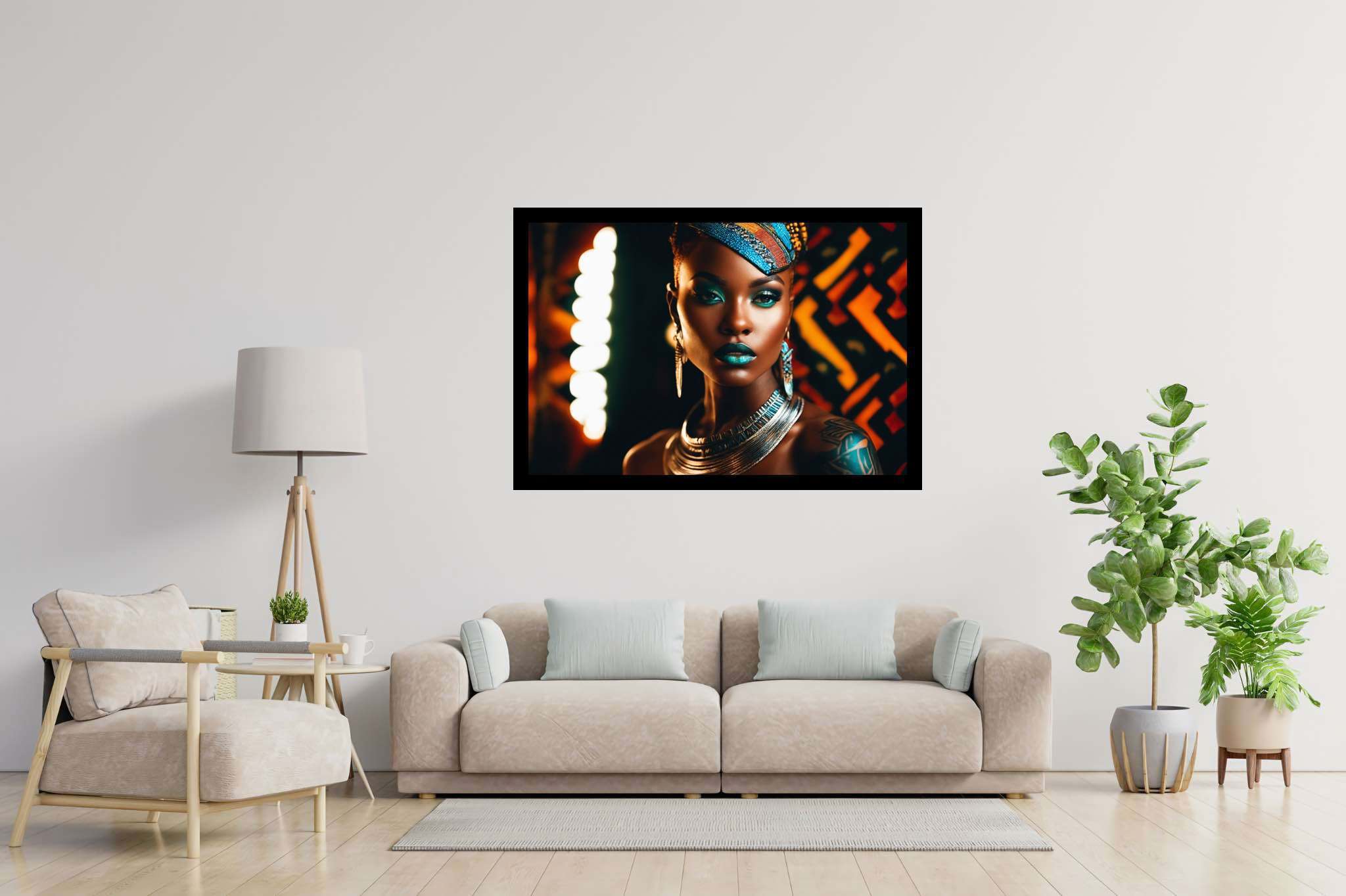 Colorful confidence unveiled: Vibrant makeup art with creative makeup art, in a room with minimalist approach, abstract paintings, and designer furniture. The art can be printed on poster, framed poster, canvas, metal, acrylic or wood, exclusively at WallArtZen. Find this exact print at https://wallartzen.com/waz172