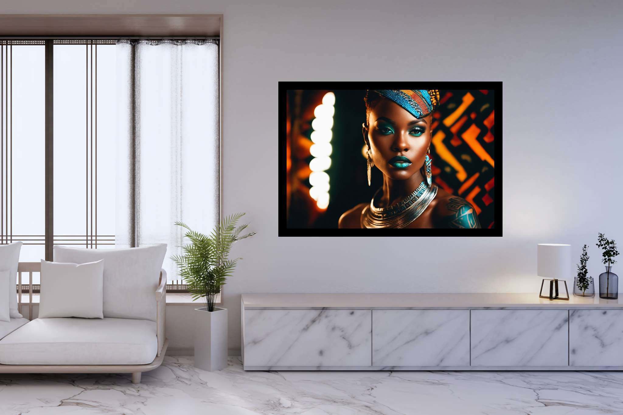 Colorful confidence unveiled: Vibrant makeup art with vibrant makeup looks, in a room with elegant layout, gallery-quality artwork, and stylish accessories. The art can be printed on poster, framed poster, canvas, metal, acrylic or wood, exclusively at WallArtZen. Find this exact print at https://wallartzen.com/waz172