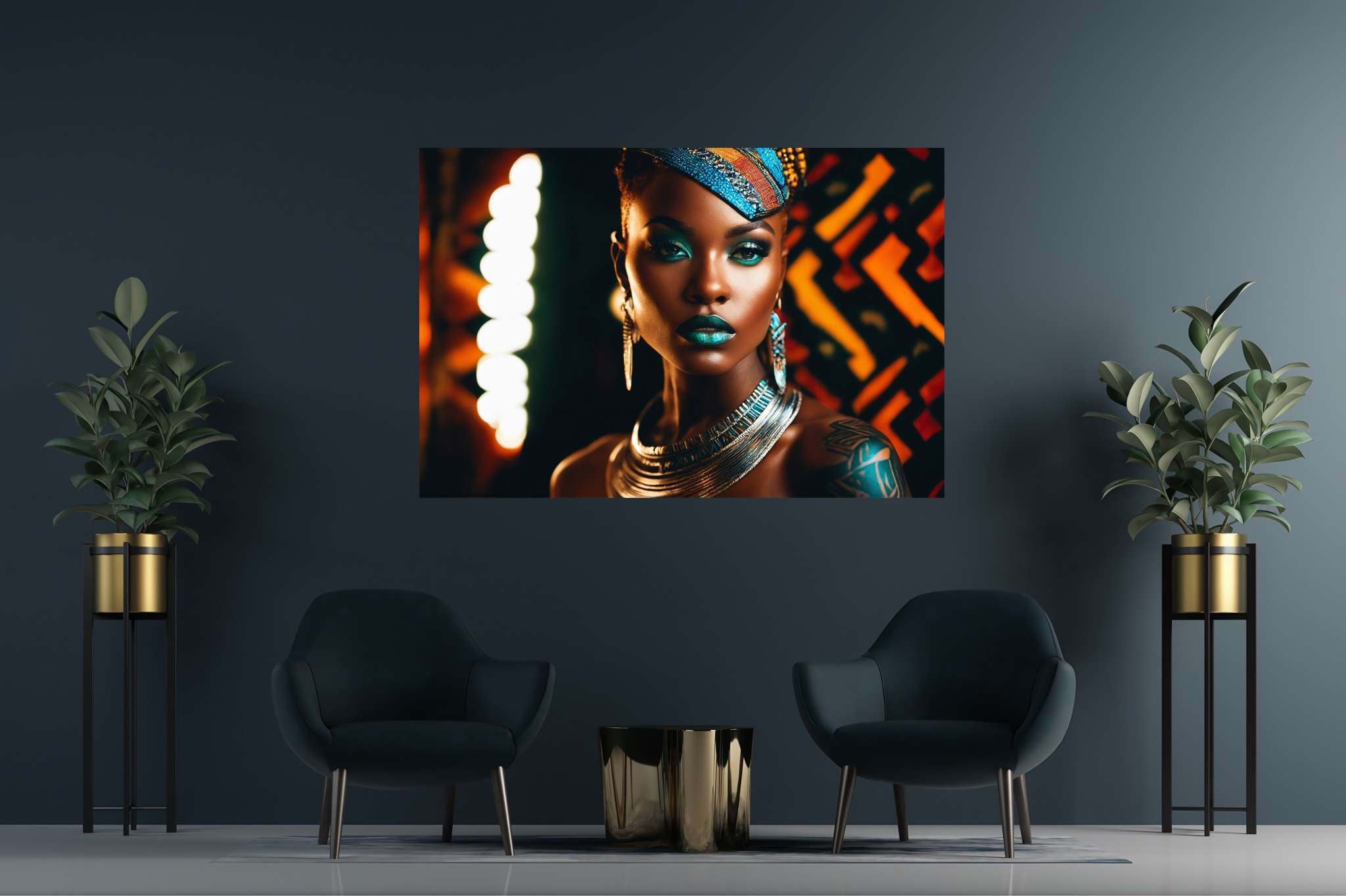 Colorful confidence unveiled: Vibrant makeup art with stunning makeup art, in a room with classic elegance, bespoke art designs, and home furnishings. The art can be printed on poster, framed poster, canvas, metal, acrylic or wood, exclusively at WallArtZen. Find this exact print at https://wallartzen.com/waz172