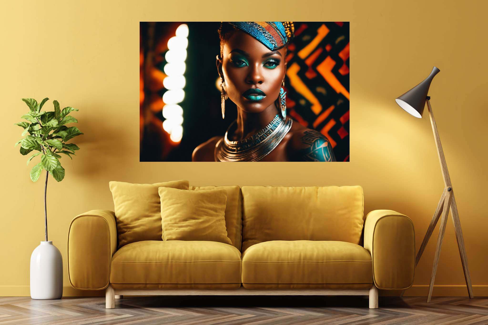 Colorful confidence unveiled: Vibrant makeup art with creative makeup art, in a room with artistic style, digital art pieces, and artisan decor. The art can be printed on poster, framed poster, canvas, metal, acrylic or wood, exclusively at WallArtZen. Find this exact print at https://wallartzen.com/waz172