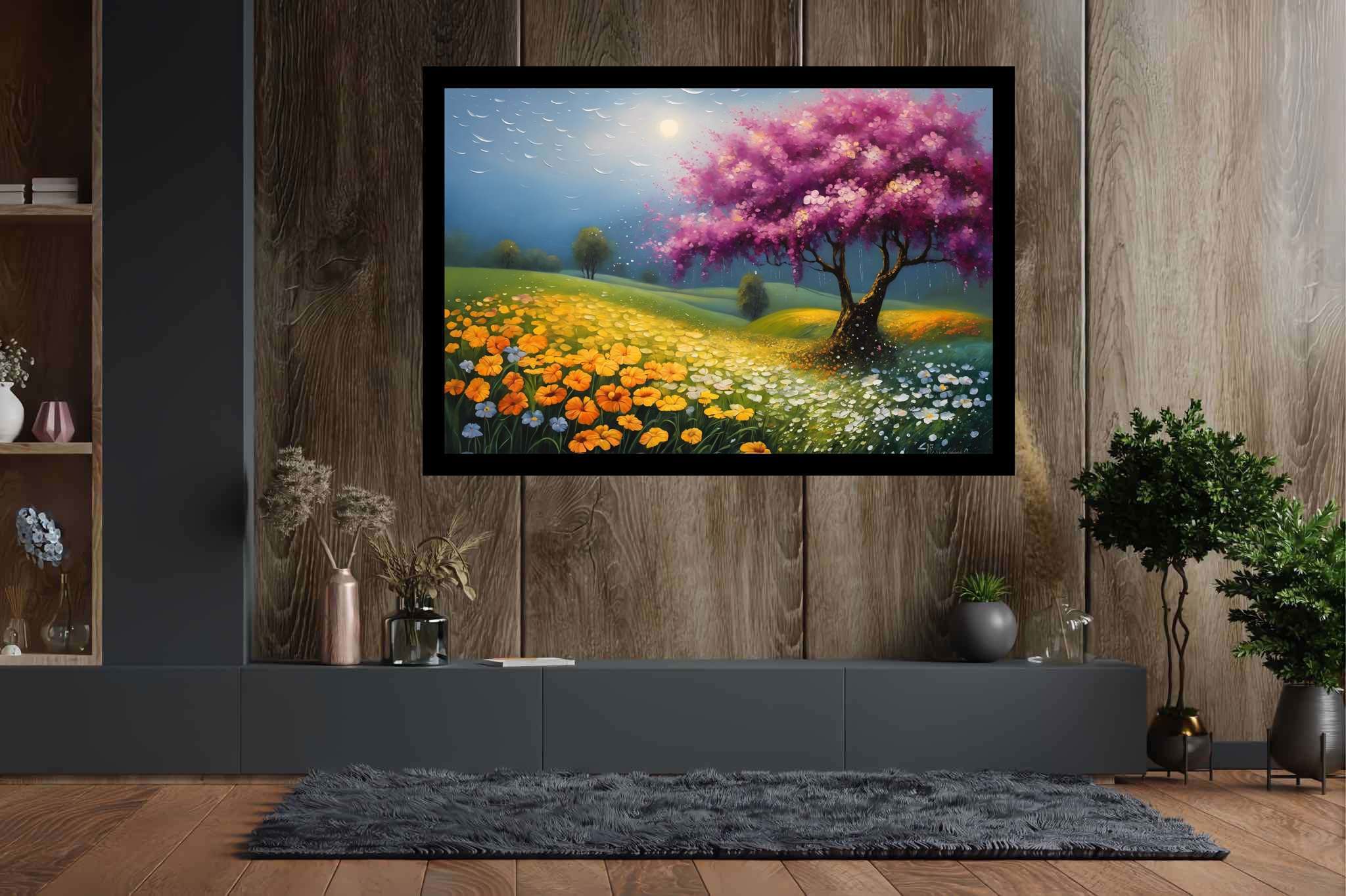 Aurora arbor ballet: Vibrant tree art with colorful nature paintings, in a room with classic elegance, mural artworks, and designer furniture. The art can be printed on poster, framed poster, canvas, metal, acrylic or wood, exclusively at WallArtZen. Find this exact print at https://wallartzen.com/waz173