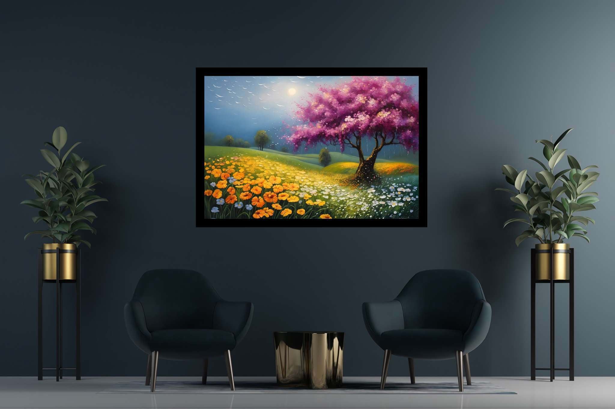 Aurora arbor ballet: Vibrant tree art with vibrant tree artwork for sale, in a room with elegant layout, wall art, and home furnishings. The art can be printed on poster, framed poster, canvas, metal, acrylic or wood, exclusively at WallArtZen. Find this exact print at https://wallartzen.com/waz173
