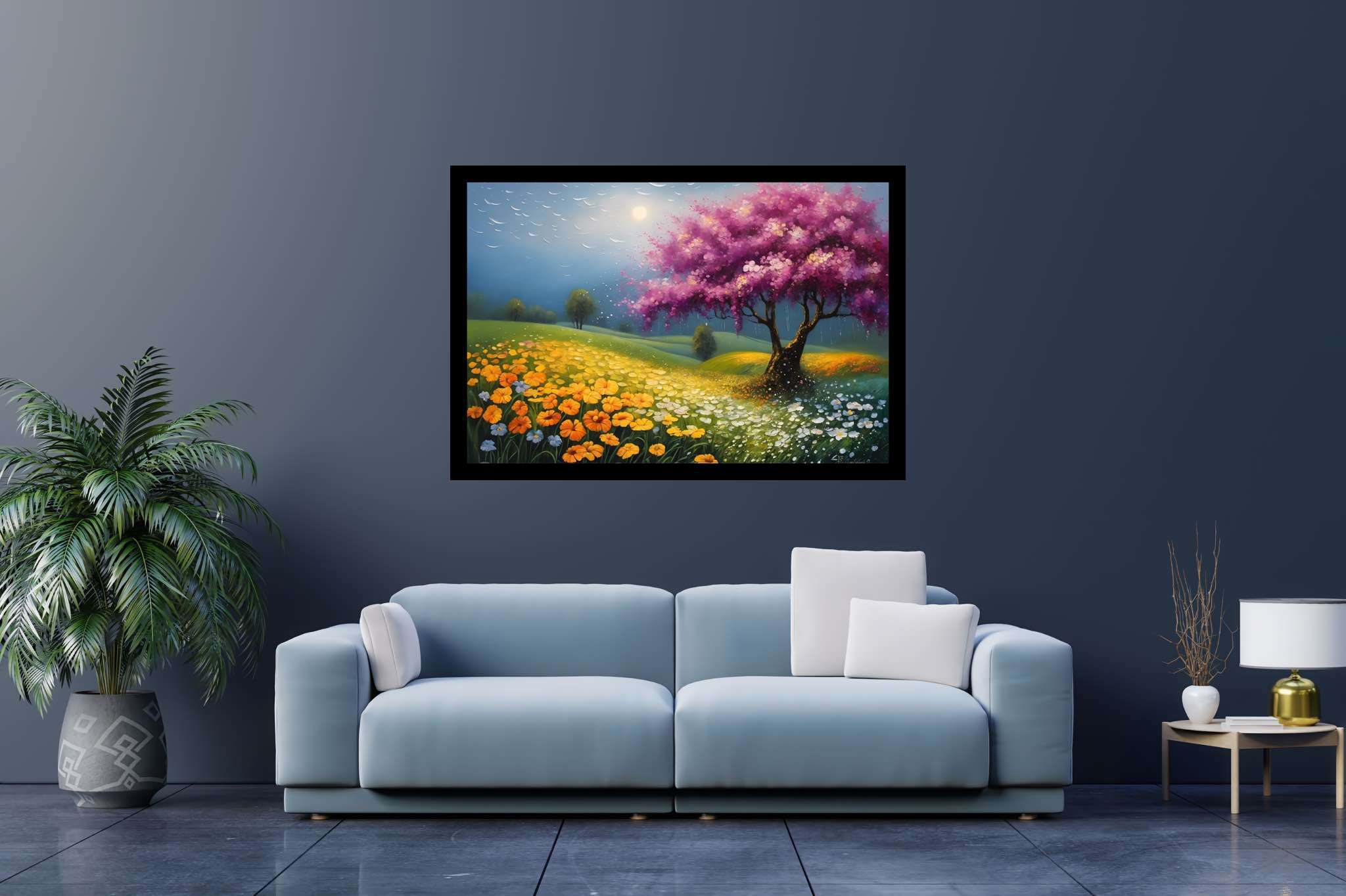 Aurora arbor ballet: Vibrant tree art with vibrant tree art prints, in a room with artistic style, fine art prints, and artisan decor. The art can be printed on poster, framed poster, canvas, metal, acrylic or wood, exclusively at WallArtZen. Find this exact print at https://wallartzen.com/waz173
