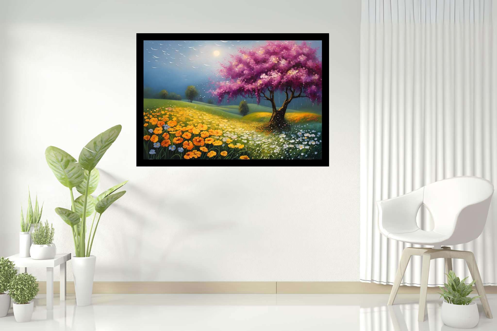 Aurora arbor ballet: Vibrant tree art with vibrant landscape art, in a room with artistic style, bespoke art designs, and interior decorations. The art can be printed on poster, framed poster, canvas, metal, acrylic or wood, exclusively at WallArtZen. Find this exact print at https://wallartzen.com/waz173