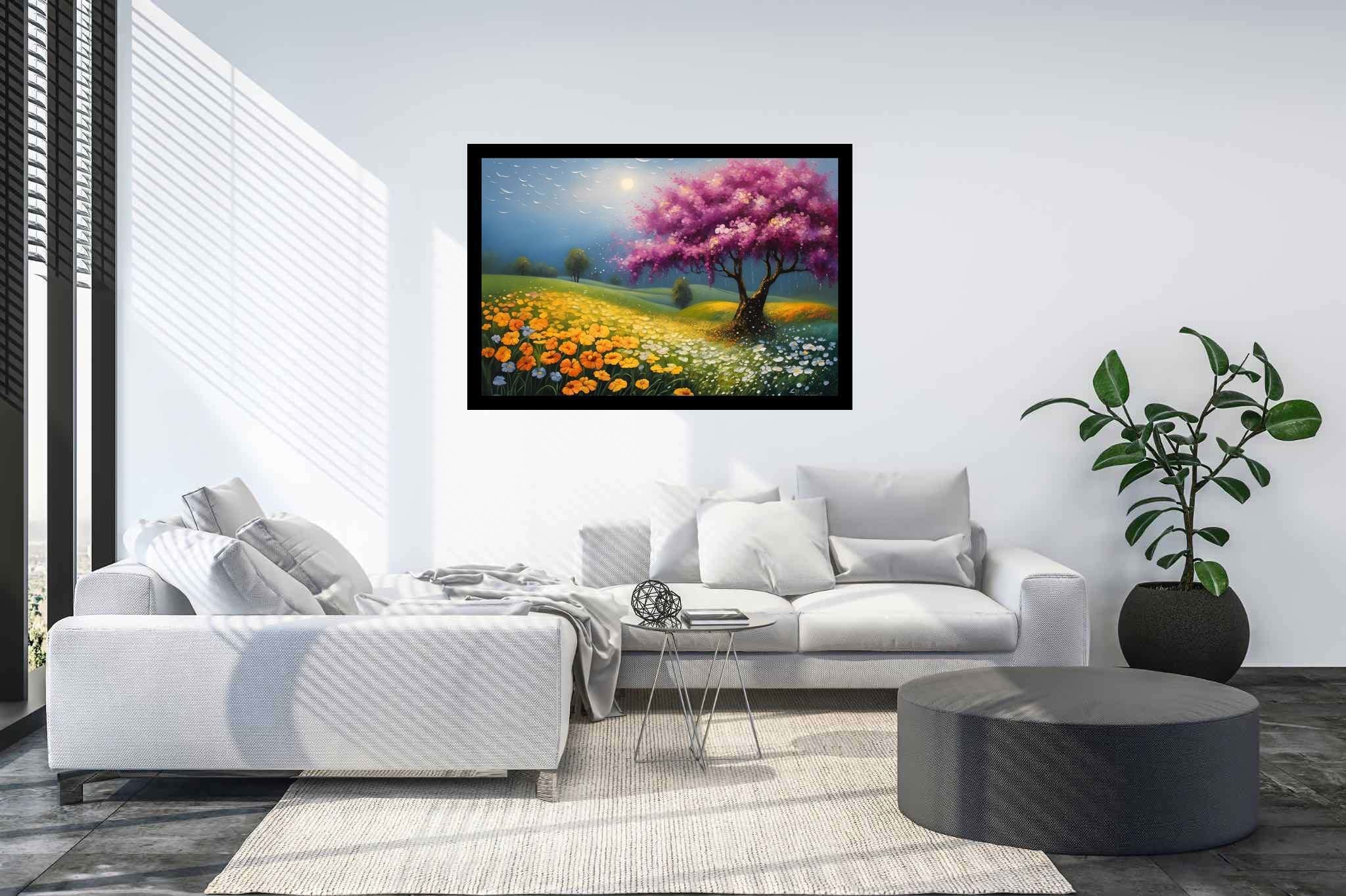 Aurora arbor ballet: Vibrant tree art with vibrant tree prints, in a room with modern style, abstract paintings, and interior decorations. The art can be printed on poster, framed poster, canvas, metal, acrylic or wood, exclusively at WallArtZen. Find this exact print at https://wallartzen.com/waz173