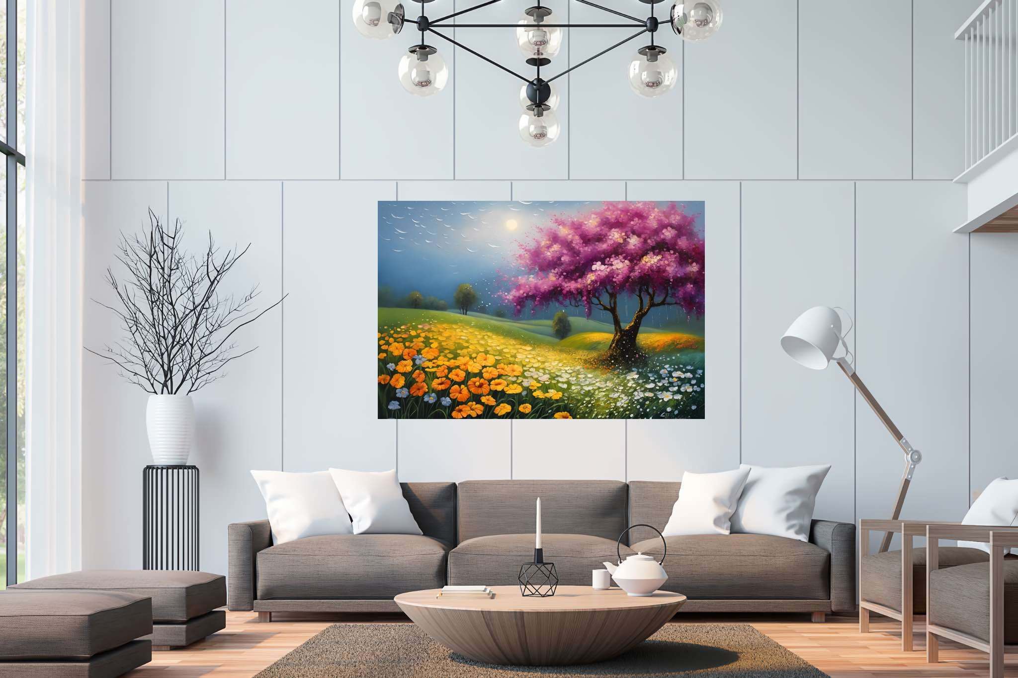 Aurora arbor ballet: Vibrant tree art with vibrant nature art, in a room with modern style, mural artworks, and stylish accessories. The art can be printed on poster, framed poster, canvas, metal, acrylic or wood, exclusively at WallArtZen. Find this exact print at https://wallartzen.com/waz173