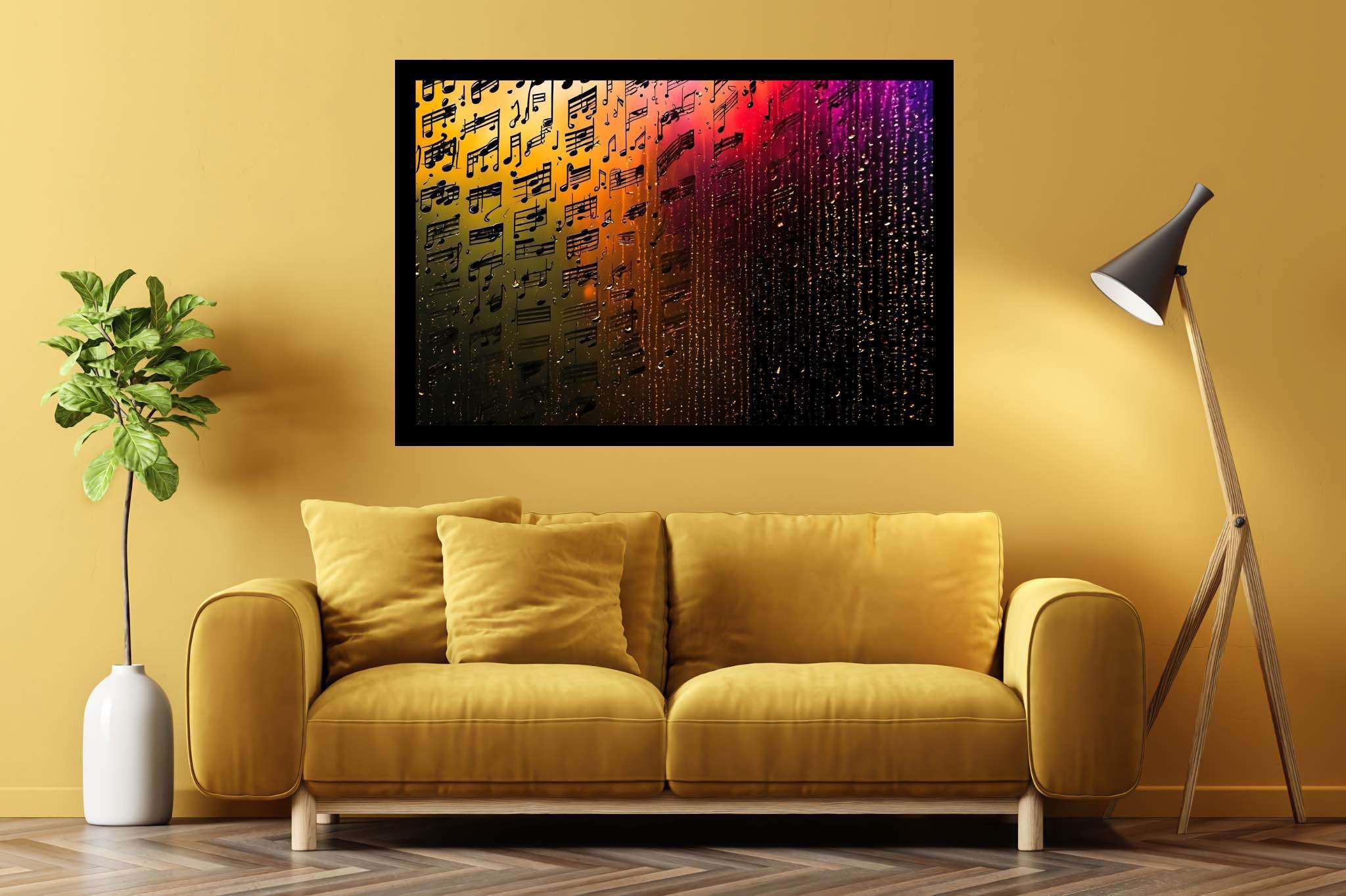 Melody in chromatic cascade: Colorful music notes art with colorful music notes art, in a room with classic elegance, framed art, and elegant home goods. The art can be printed on poster, framed poster, canvas, metal, acrylic or wood, exclusively at WallArtZen. Find this exact print at https://wallartzen.com/waz174
