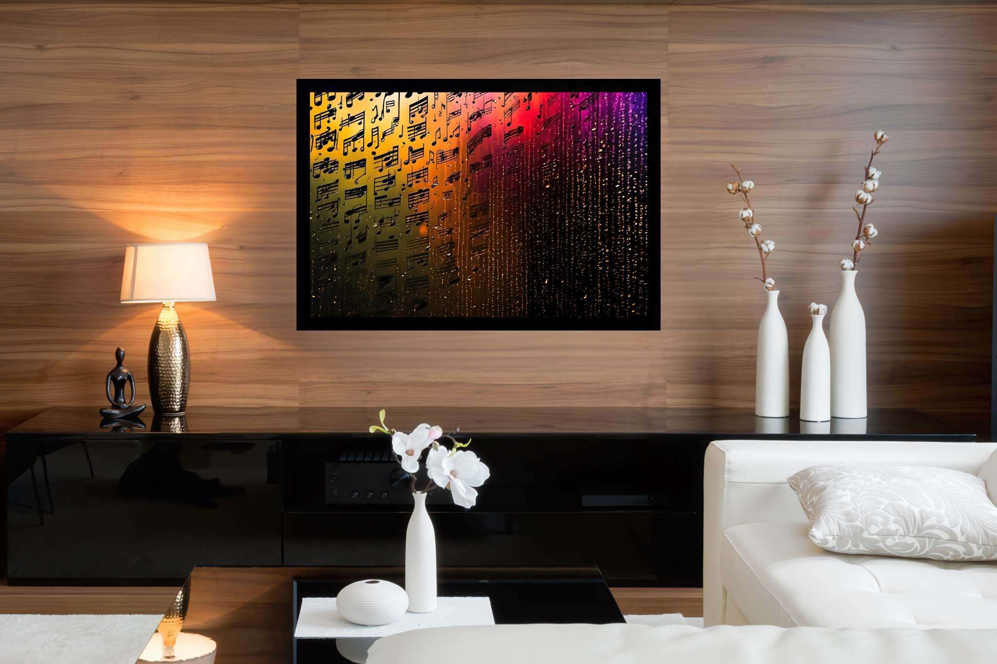 Melody in chromatic cascade: Colorful music notes art with vibrant music-themed artwork, in a room with great design, wall hangings, and designer furniture. The art can be printed on poster, framed poster, canvas, metal, acrylic or wood, exclusively at WallArtZen. Find this exact print at https://wallartzen.com/waz174