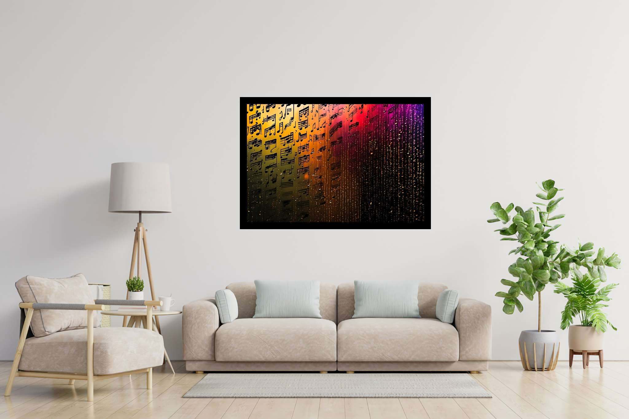 Melody in chromatic cascade: Colorful music notes art with colorful music notes art, in a room with artistic style, mural artworks, and decorative pieces. The art can be printed on poster, framed poster, canvas, metal, acrylic or wood, exclusively at WallArtZen. Find this exact print at https://wallartzen.com/waz174