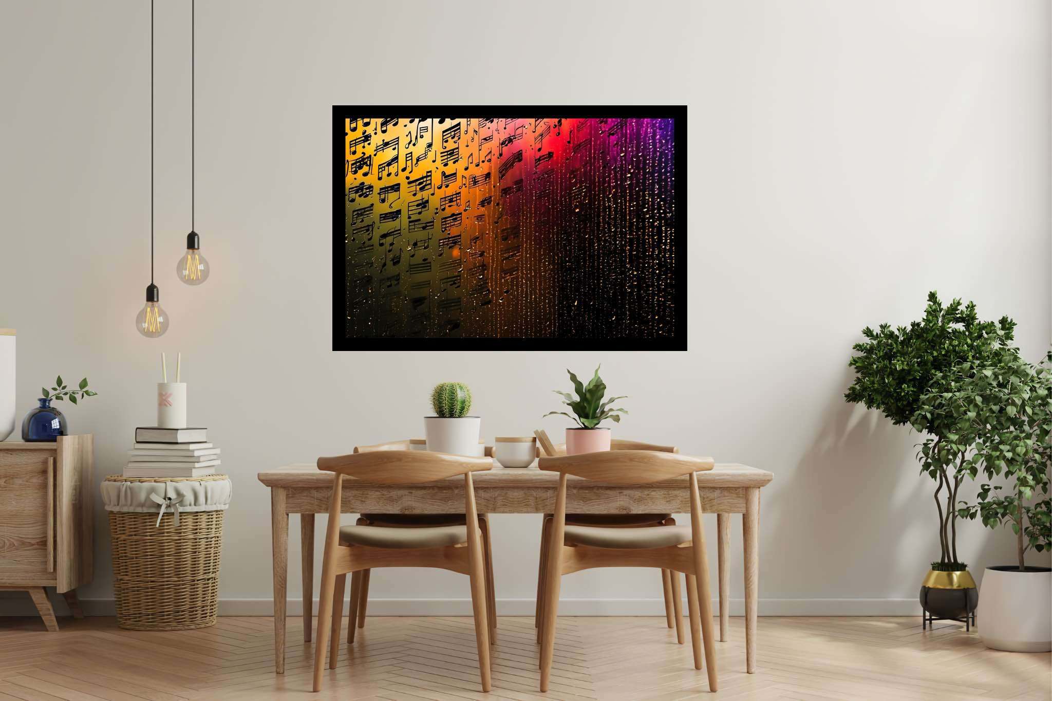 Melody in chromatic cascade: Colorful music notes art with vibrant musical symbolism, in a room with modern style, gallery-quality artwork, and home styling items. The art can be printed on poster, framed poster, canvas, metal, acrylic or wood, exclusively at WallArtZen. Find this exact print at https://wallartzen.com/waz174