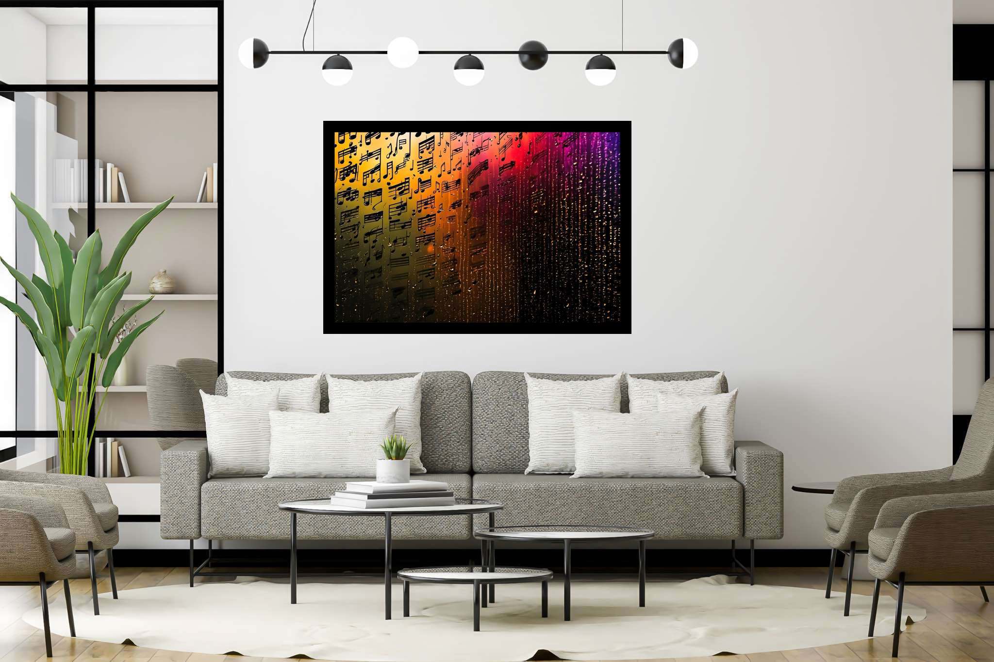 Melody in chromatic cascade: Colorful music notes art with vibrant music notes, in a room with great design, bespoke art designs, and artisan decor. The art can be printed on poster, framed poster, canvas, metal, acrylic or wood, exclusively at WallArtZen. Find this exact print at https://wallartzen.com/waz174