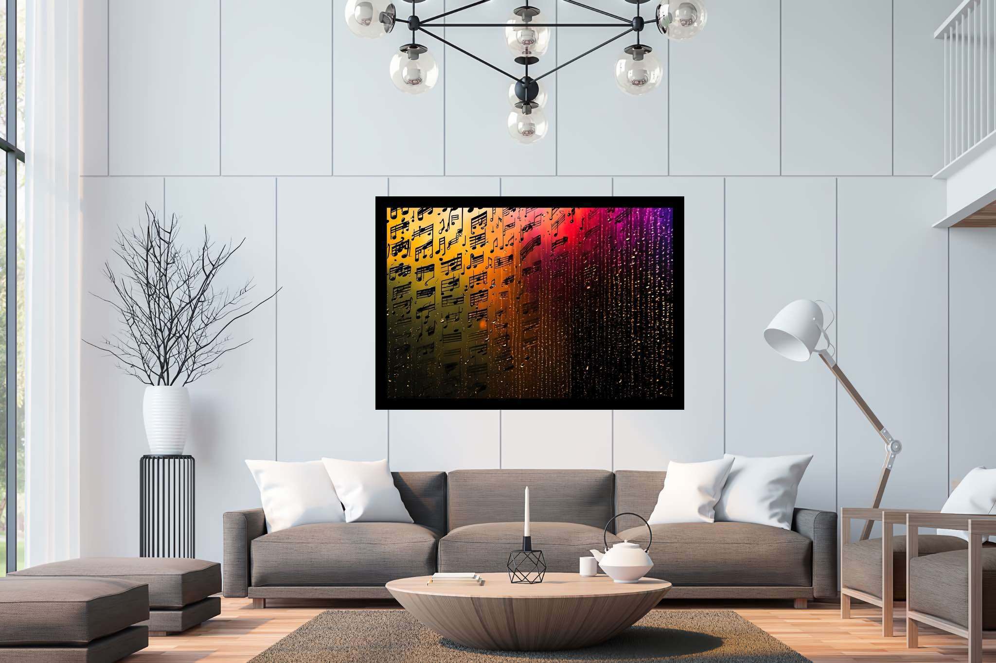 Melody in chromatic cascade: Colorful music notes art with colorful music notes illustrations, in a room with modern style, photographic wall art, and luxe decor. The art can be printed on poster, framed poster, canvas, metal, acrylic or wood, exclusively at WallArtZen. Find this exact print at https://wallartzen.com/waz174