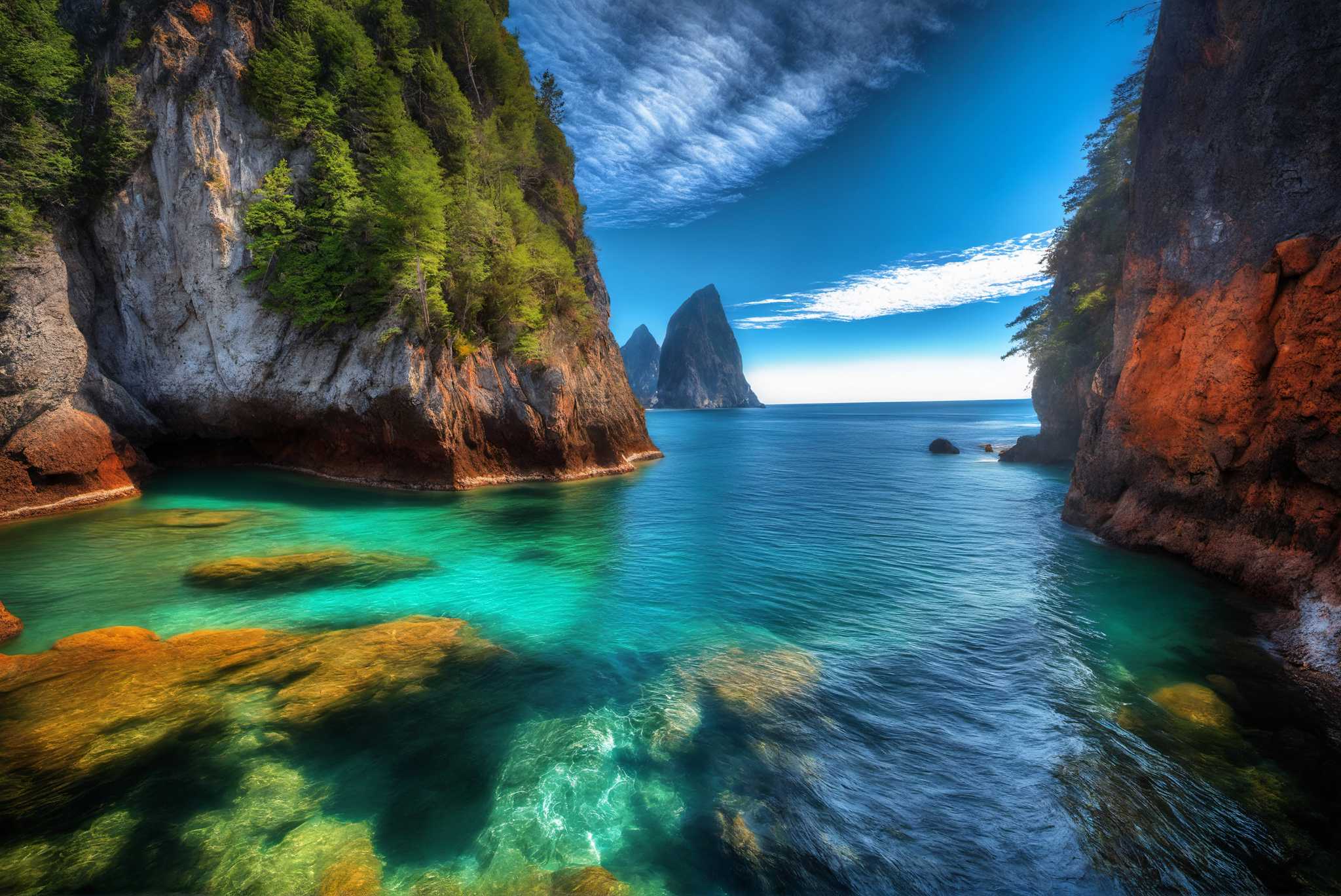 Lagoon's embrace: Serene lagoon art with soothing coastal view, in a room with elegant layout, bespoke art designs, and designer furniture. The art can be printed on poster, framed poster, canvas, metal, acrylic or wood, exclusively at WallArtZen. Find this exact print at https://wallartzen.com/waz175