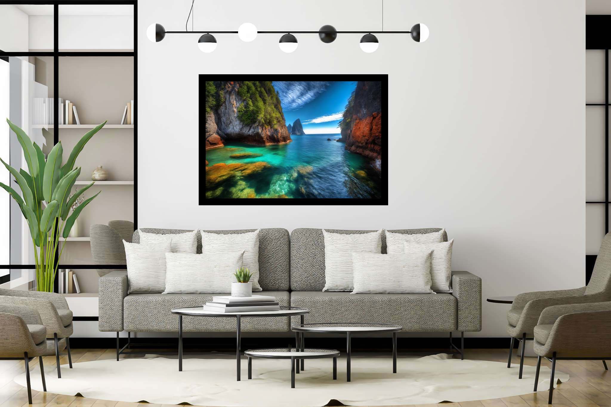 Lagoon's embrace: Serene lagoon art with calm blue lagoon, in a room with modern style, fine art prints, and stylish accessories. The art can be printed on poster, framed poster, canvas, metal, acrylic or wood, exclusively at WallArtZen. Find this exact print at https://wallartzen.com/waz175