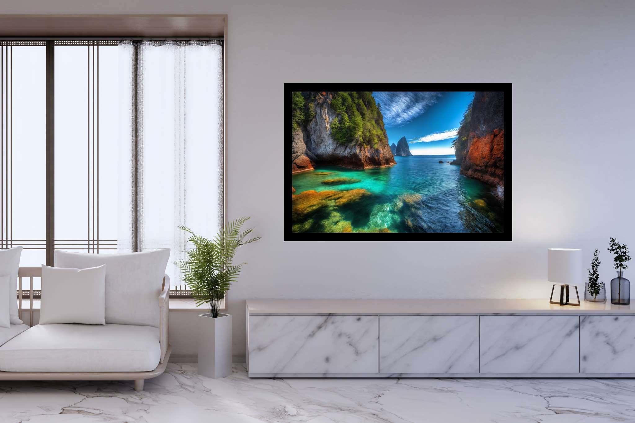 Lagoon's embrace: Serene lagoon art with serene lagoon landscape, in a room with innovative layout, framed art, and elegant home goods. The art can be printed on poster, framed poster, canvas, metal, acrylic or wood, exclusively at WallArtZen. Find this exact print at https://wallartzen.com/waz175