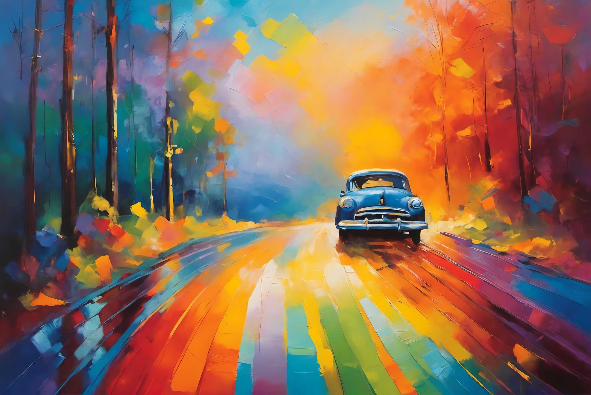 Chromatic odyssey: Vibrant landscape art with vibrant landscape decor, in a room with innovative layout, abstract paintings, and artisan decor. The art can be printed on poster, framed poster, canvas, metal, acrylic or wood, exclusively at WallArtZen. Find this exact print at https://wallartzen.com/waz178