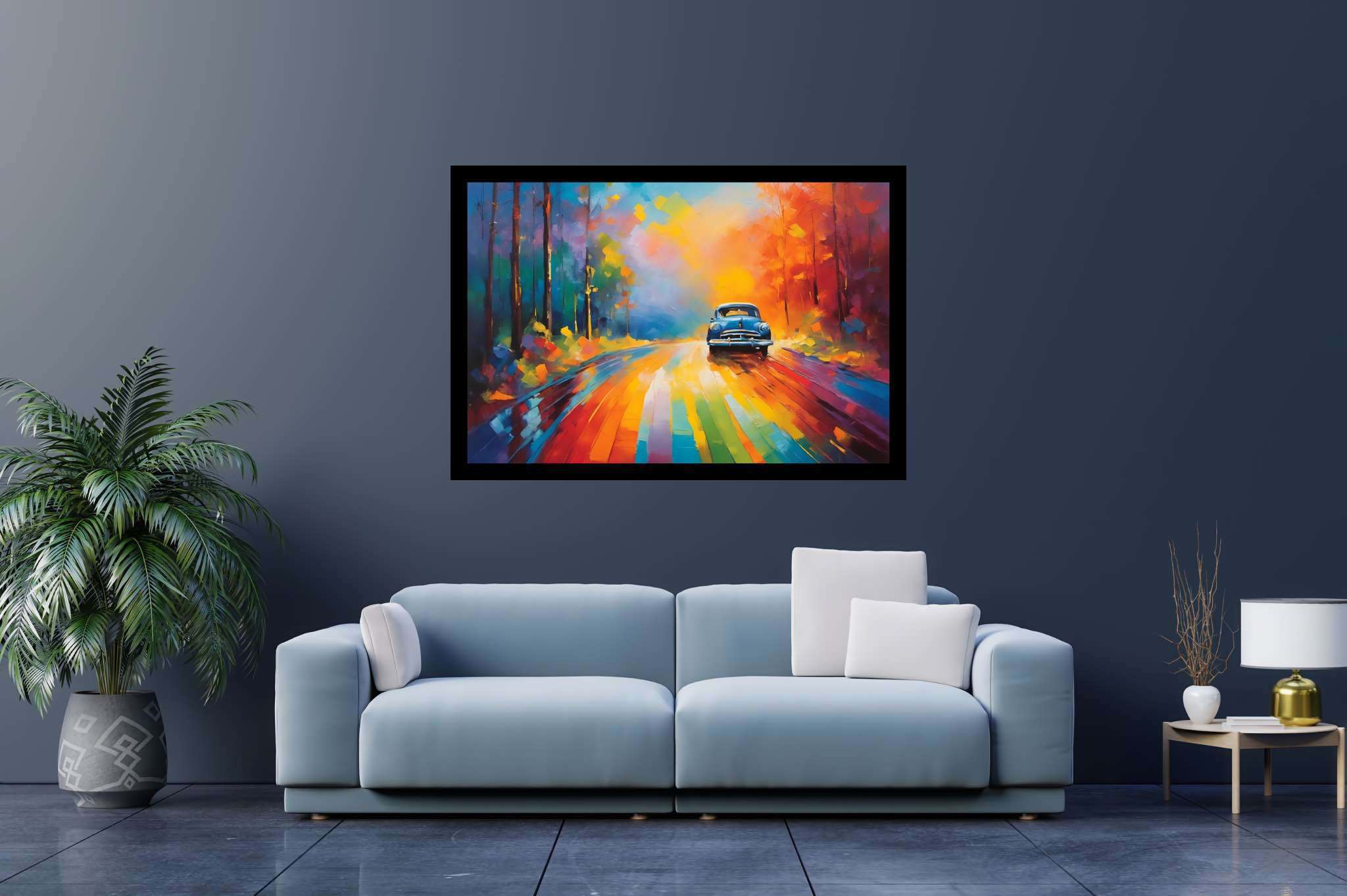 Chromatic odyssey: Vibrant landscape art with vibrant landscape prints, in a room with artistic style, abstract paintings, and luxe decor. The art can be printed on poster, framed poster, canvas, metal, acrylic or wood, exclusively at WallArtZen. Find this exact print at https://wallartzen.com/waz178