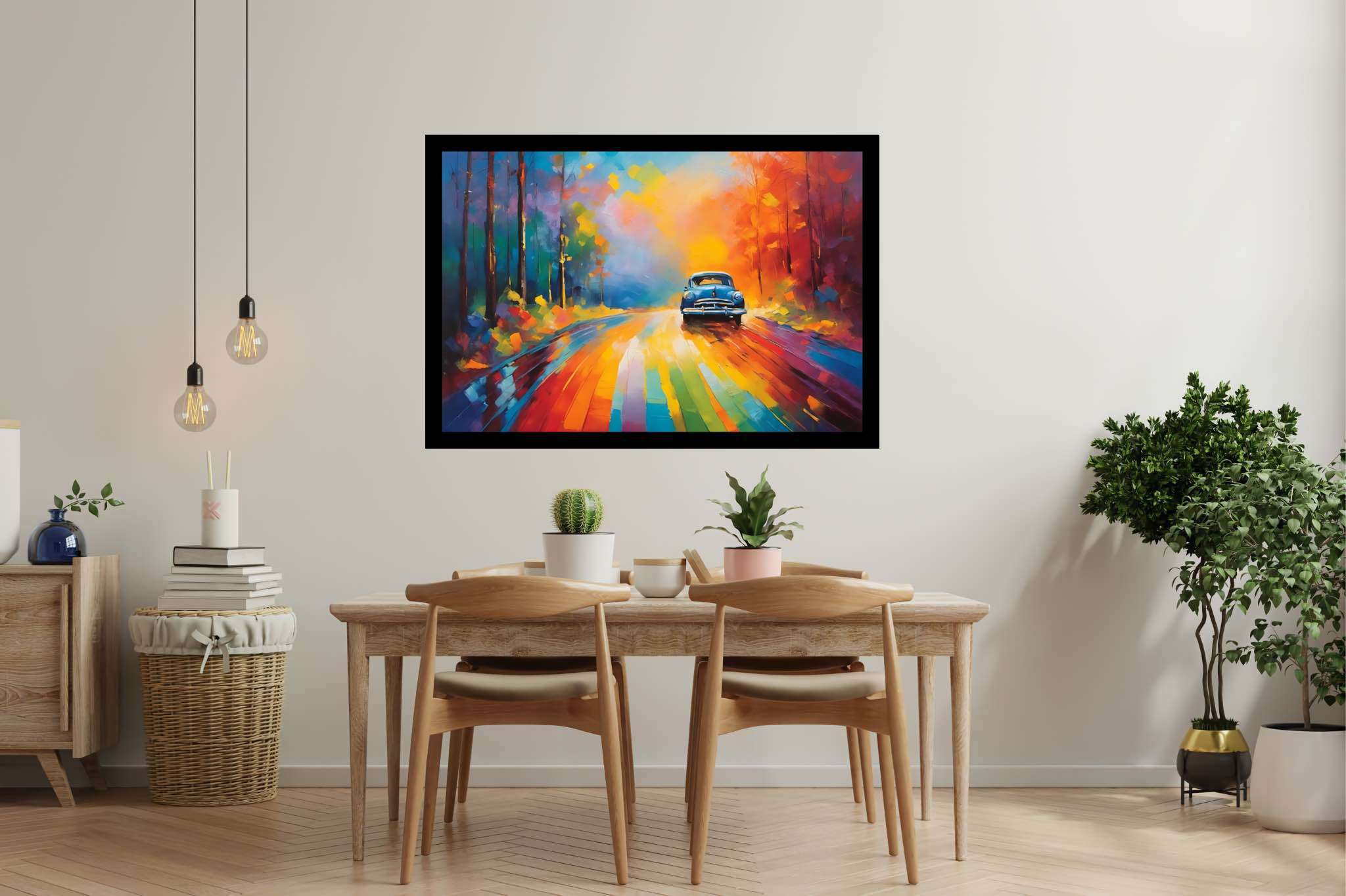 Chromatic odyssey: Vibrant landscape art with vibrant landscape paintings, in a room with classic elegance, wall art, and interior decorations. The art can be printed on poster, framed poster, canvas, metal, acrylic or wood, exclusively at WallArtZen. Find this exact print at https://wallartzen.com/waz178