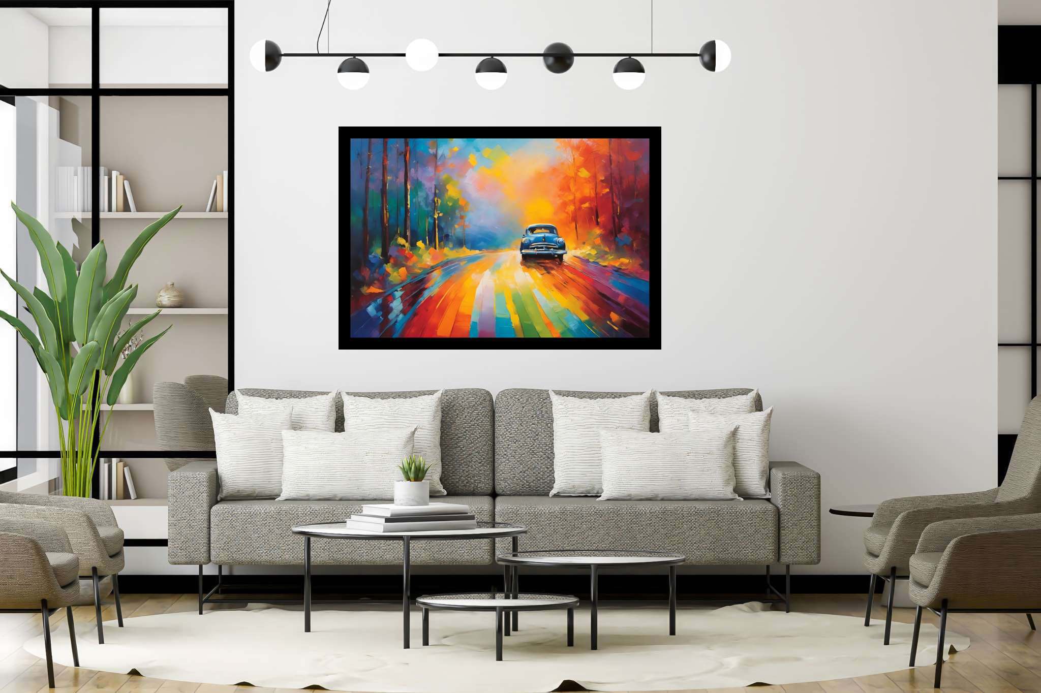 Chromatic odyssey: Vibrant landscape art with vibrant landscape photography, in a room with elegant layout, wall hangings, and luxe decor. The art can be printed on poster, framed poster, canvas, metal, acrylic or wood, exclusively at WallArtZen. Find this exact print at https://wallartzen.com/waz178
