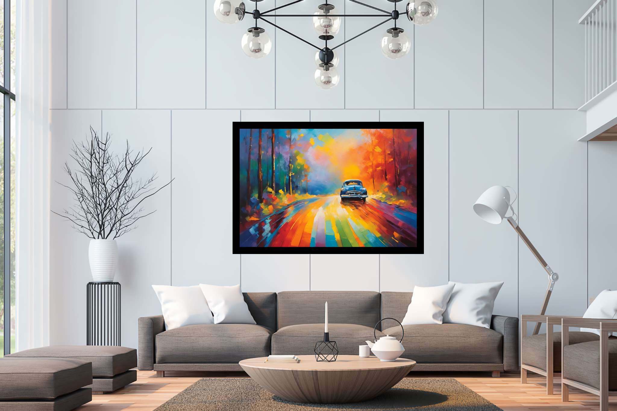 Chromatic odyssey: Vibrant landscape art with vibrant landscape illustrations, in a room with innovative layout, wall art, and elegant home goods. The art can be printed on poster, framed poster, canvas, metal, acrylic or wood, exclusively at WallArtZen. Find this exact print at https://wallartzen.com/waz178