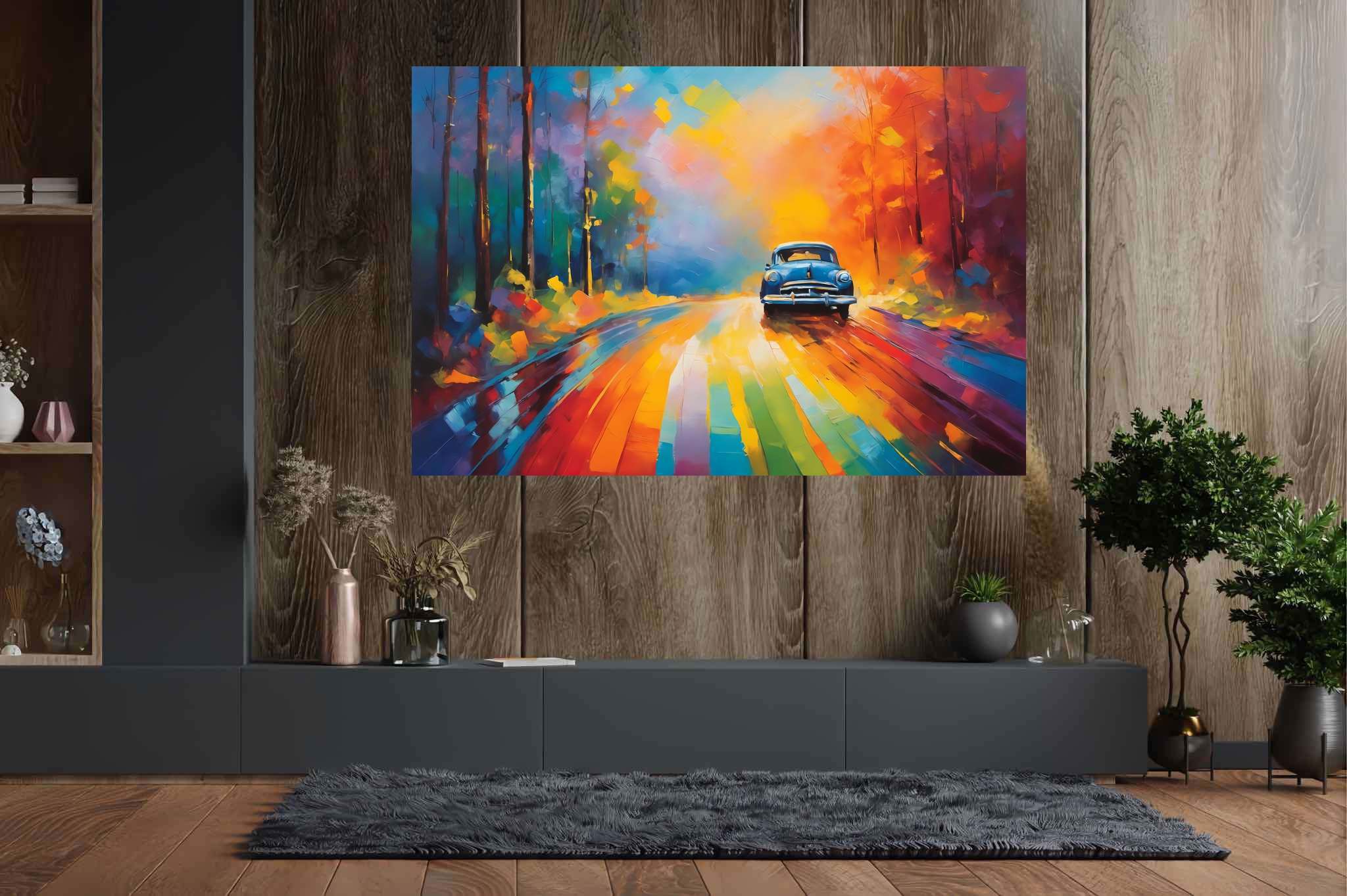 Chromatic odyssey: Vibrant landscape art with colorful landscapes, in a room with modern style, gallery-quality artwork, and home styling items. The art can be printed on poster, framed poster, canvas, metal, acrylic or wood, exclusively at WallArtZen. Find this exact print at https://wallartzen.com/waz178