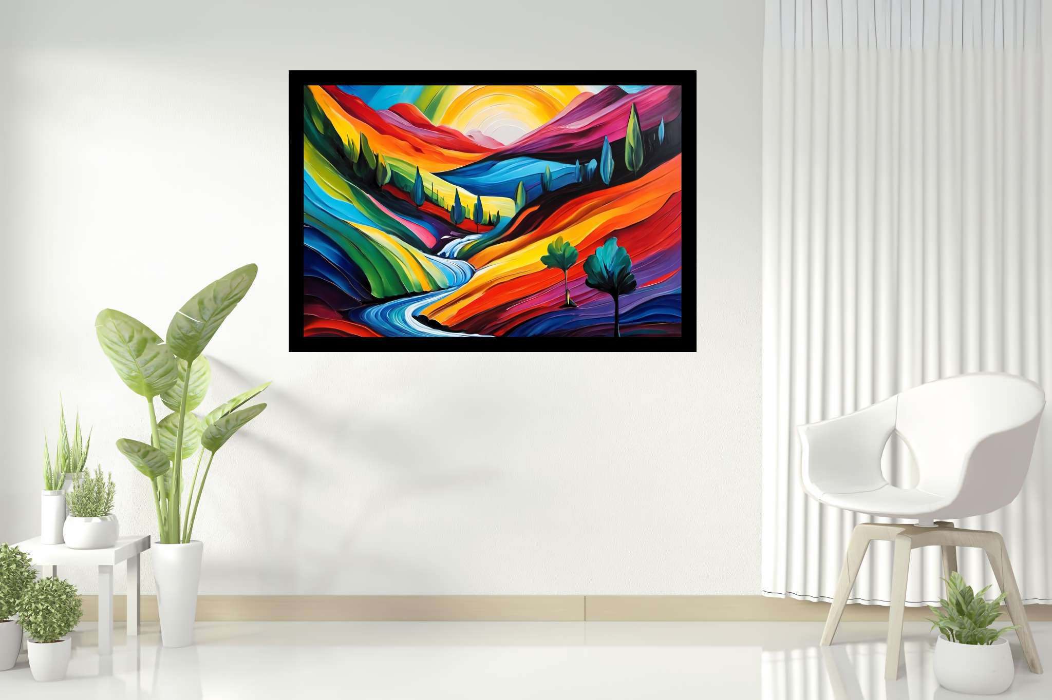 Sunset serenade on canvas: Landscape art with natural beauty, in a room with innovative layout, framed art, and designer furniture. The art can be printed on poster, framed poster, canvas, metal, acrylic or wood, exclusively at WallArtZen. Find this exact print at https://wallartzen.com/waz179