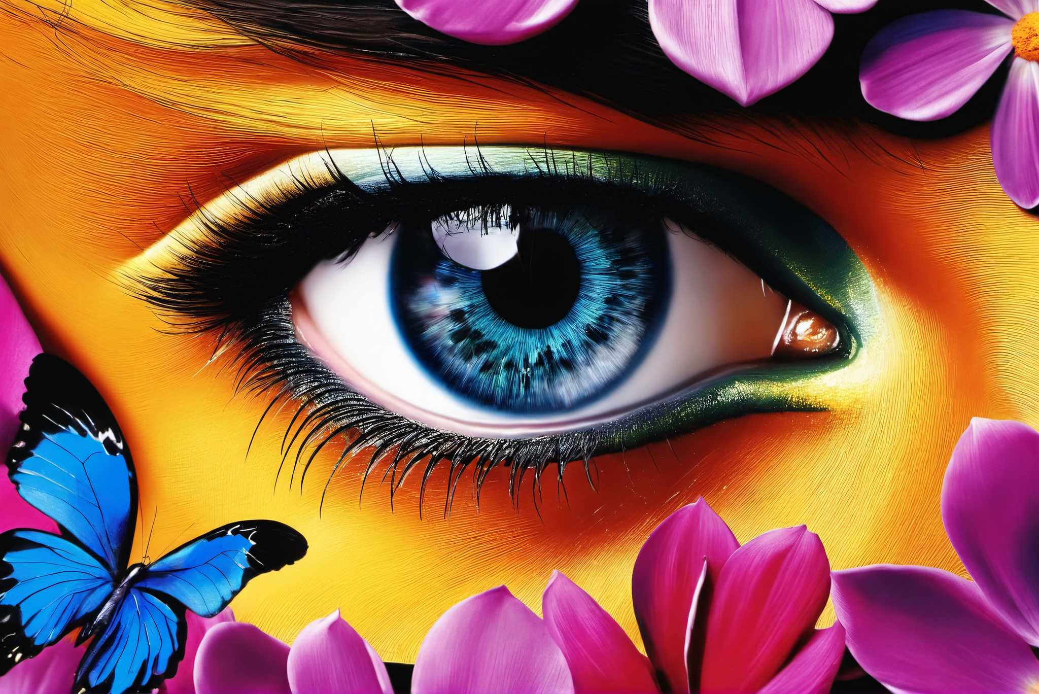 Butterfly gaze garden: Eye art with digital art, in a room with minimalist approach, gallery-quality artwork, and artisan decor. The art can be printed on poster, framed poster, canvas, metal, acrylic or wood, exclusively at WallArtZen. Find this exact print at https://wallartzen.com/waz180