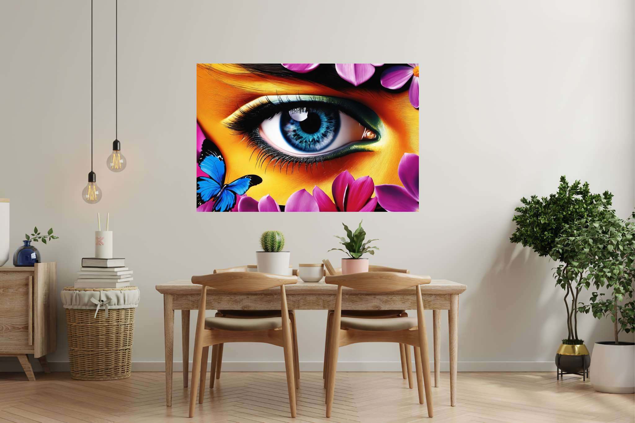 Butterfly gaze garden: Eye art with optical illusion, in a room with chic decor, canvas prints, and designer furniture. The art can be printed on poster, framed poster, canvas, metal, acrylic or wood, exclusively at WallArtZen. Find this exact print at https://wallartzen.com/waz180