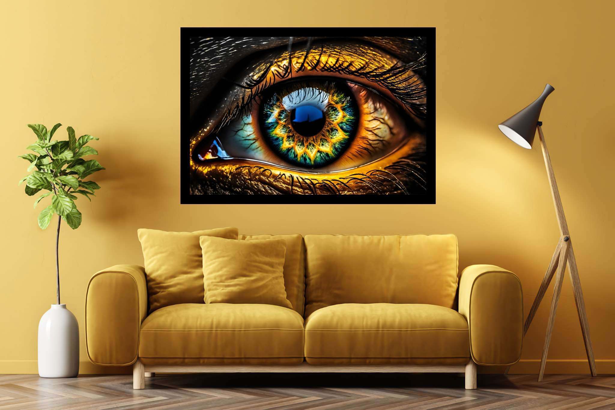 Iridescence gaze: Vibrant eye art with dynamic eye illustrations, in a room with artistic style, bespoke art designs, and interior decorations. The art can be printed on poster, framed poster, canvas, metal, acrylic or wood, exclusively at WallArtZen. Find this exact print at https://wallartzen.com/waz181