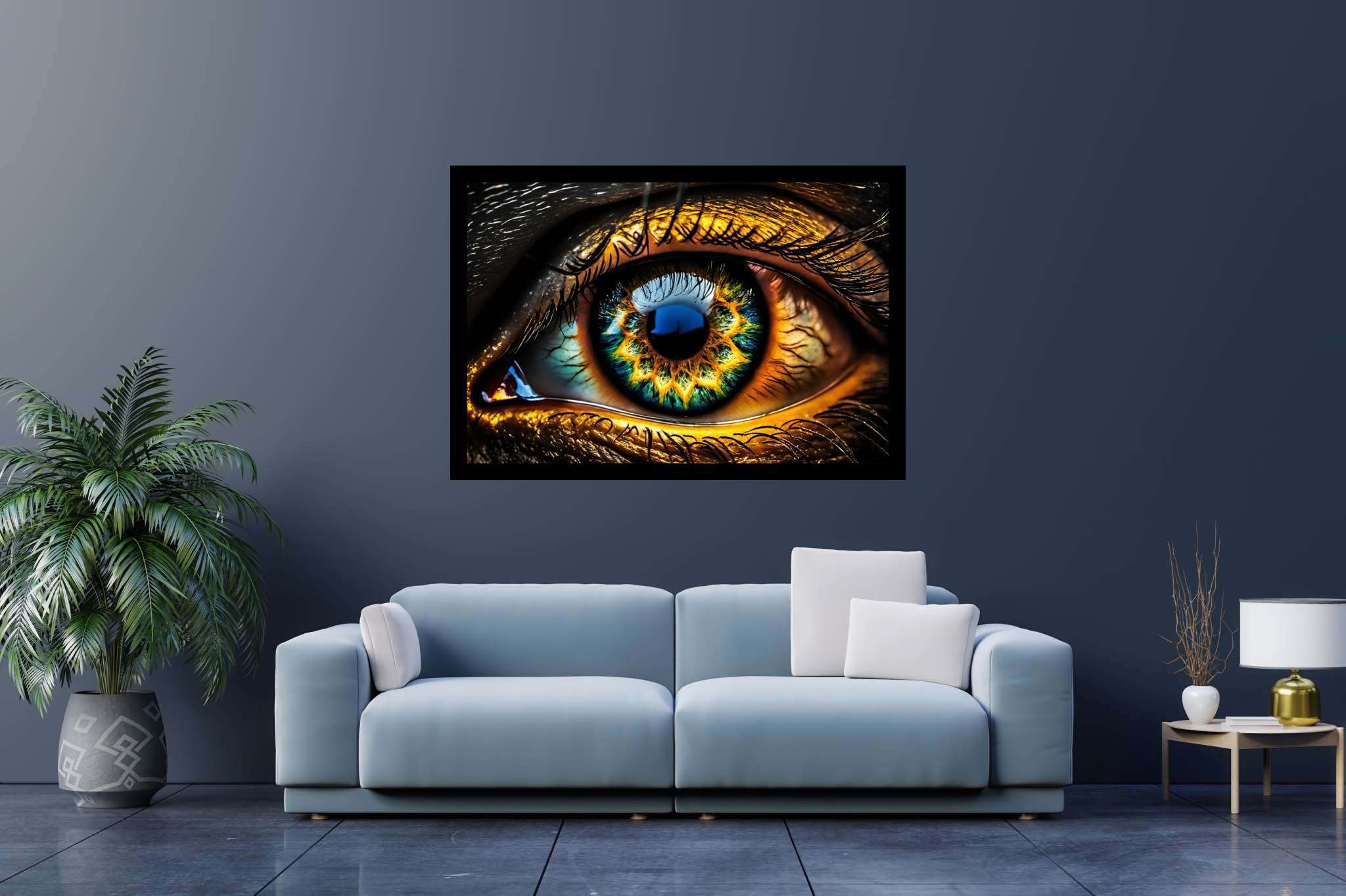 Iridescence gaze: Vibrant eye art with expressive eye painting, in a room with chic decor, framed art, and trendy home accents. The art can be printed on poster, framed poster, canvas, metal, acrylic or wood, exclusively at WallArtZen. Find this exact print at https://wallartzen.com/waz181