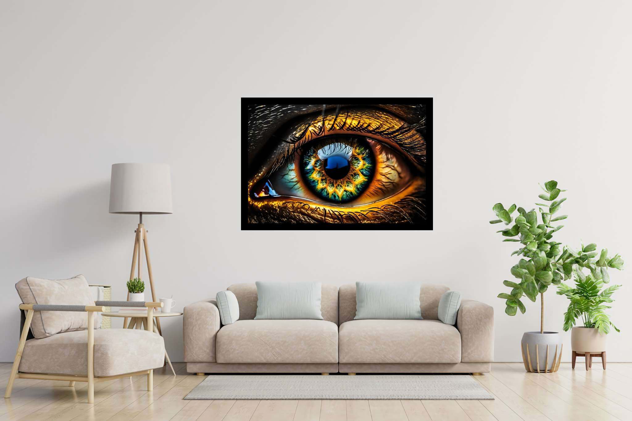 Iridescence gaze: Vibrant eye art with vibrant eye aesthetics, in a room with contemporary flair, digital art pieces, and interior decorations. The art can be printed on poster, framed poster, canvas, metal, acrylic or wood, exclusively at WallArtZen. Find this exact print at https://wallartzen.com/waz181
