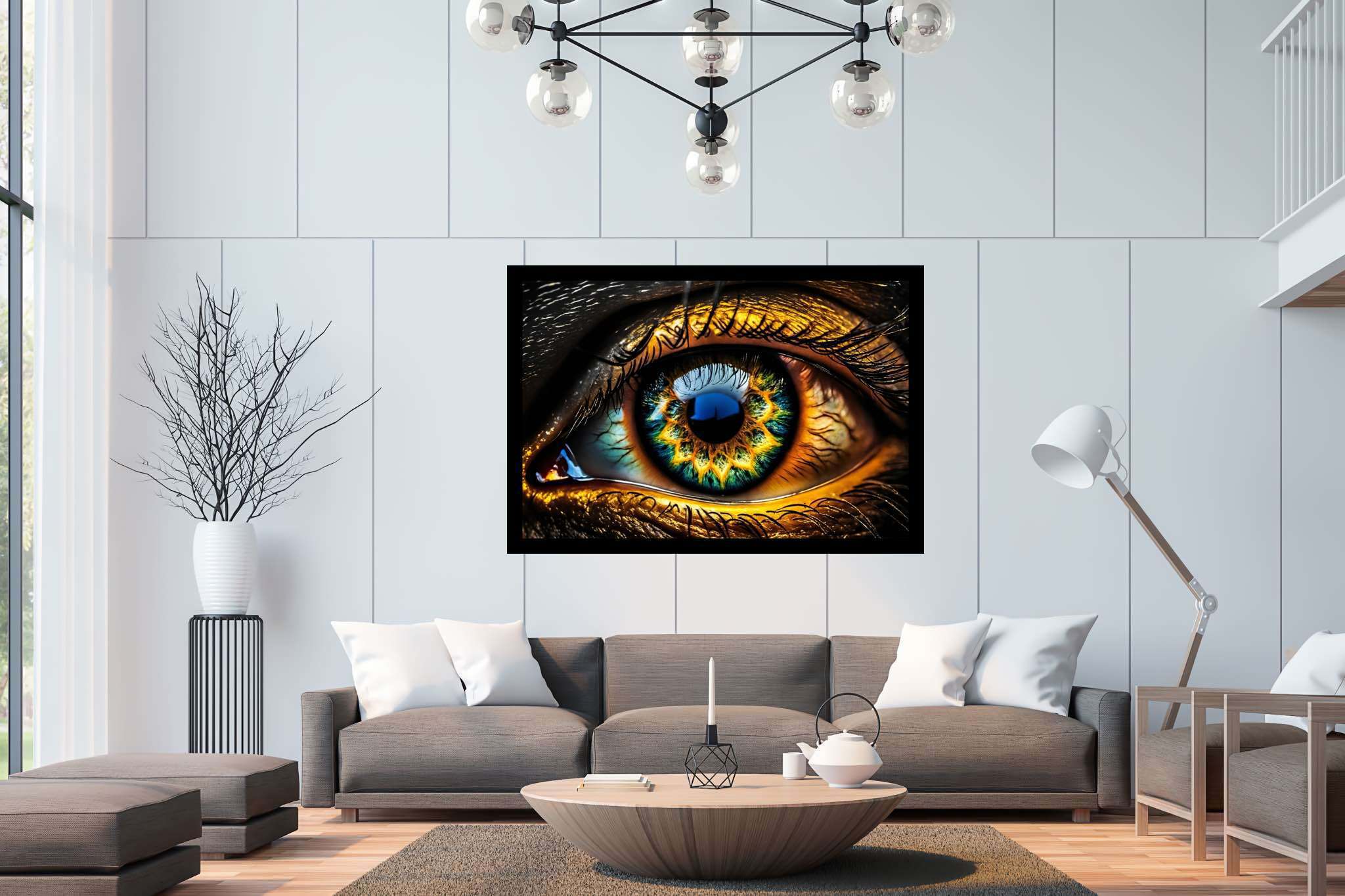Iridescence gaze: Vibrant eye art with energetic eye creations, in a room with elegant layout, digital art pieces, and home furnishings. The art can be printed on poster, framed poster, canvas, metal, acrylic or wood, exclusively at WallArtZen. Find this exact print at https://wallartzen.com/waz181