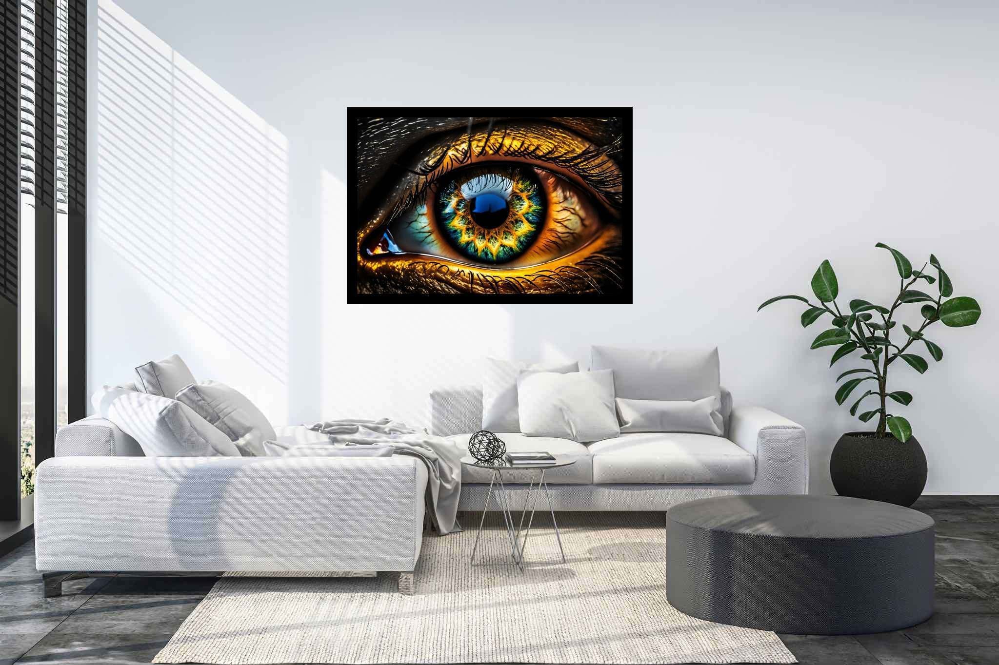 Iridescence gaze: Vibrant eye art with vibrant eye aesthetics, in a room with chic decor, wall art, and luxe decor. The art can be printed on poster, framed poster, canvas, metal, acrylic or wood, exclusively at WallArtZen. Find this exact print at https://wallartzen.com/waz181