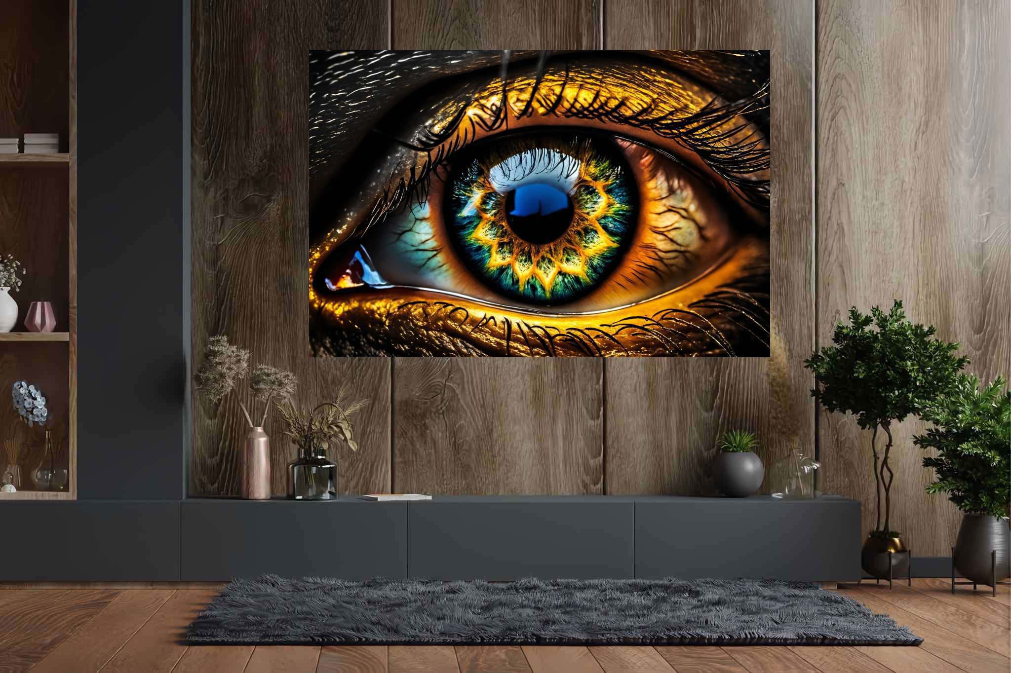 Iridescence gaze: Vibrant eye art with energetic eye creations, in a room with innovative layout, photographic wall art, and home furnishings. The art can be printed on poster, framed poster, canvas, metal, acrylic or wood, exclusively at WallArtZen. Find this exact print at https://wallartzen.com/waz181