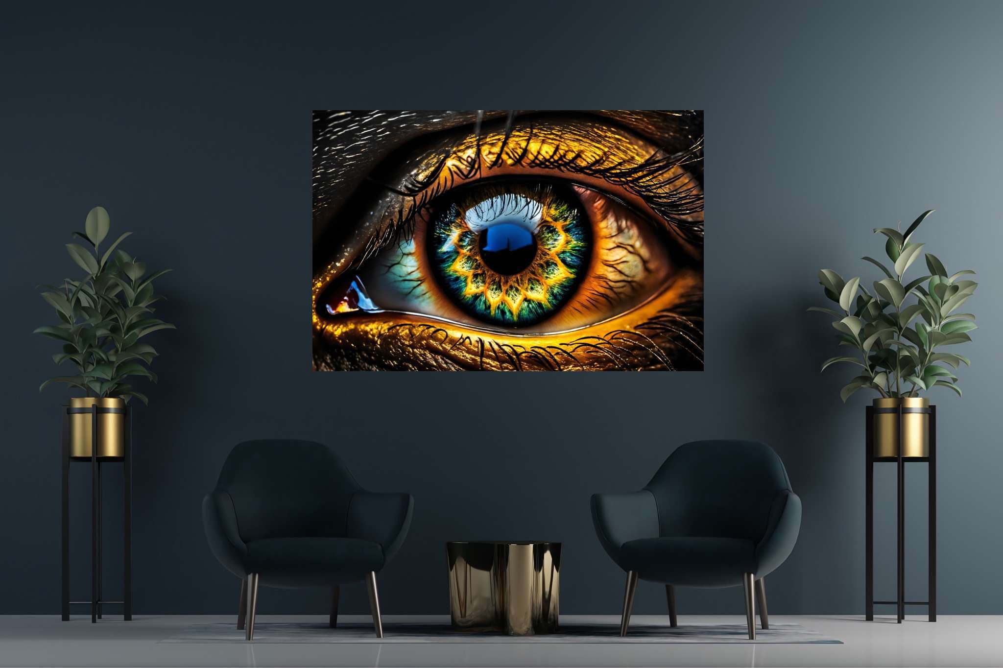Iridescence gaze: Vibrant eye art with colorful eye artwork, in a room with modern style, photographic wall art, and home styling items. The art can be printed on poster, framed poster, canvas, metal, acrylic or wood, exclusively at WallArtZen. Find this exact print at https://wallartzen.com/waz181