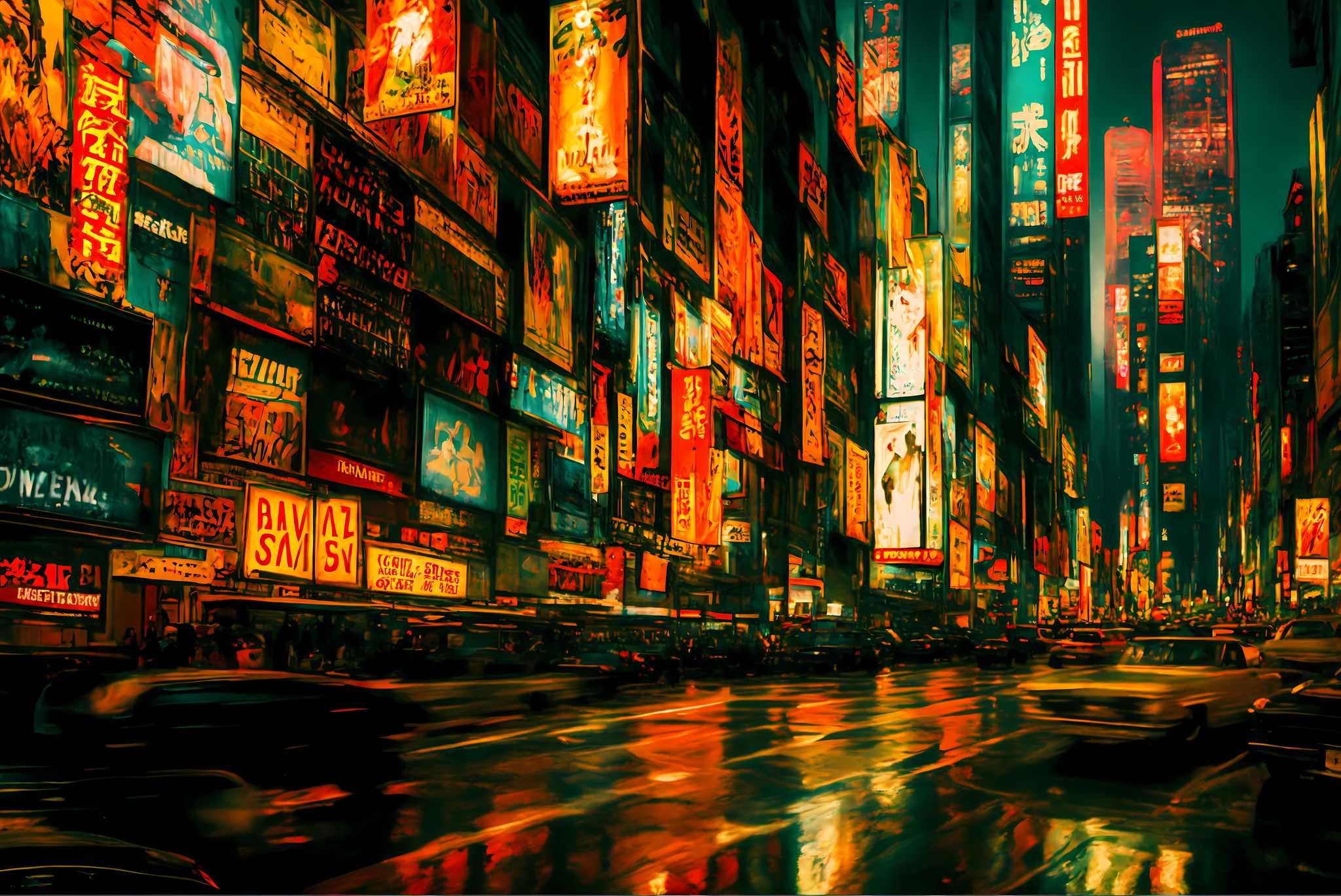 Neon rain serenade: Vibrant city art with lively urban murals, in a room with great design, wall hangings, and home furnishings. The art can be printed on poster, framed poster, canvas, metal, acrylic or wood, exclusively at WallArtZen. Find this exact print at https://wallartzen.com/waz182