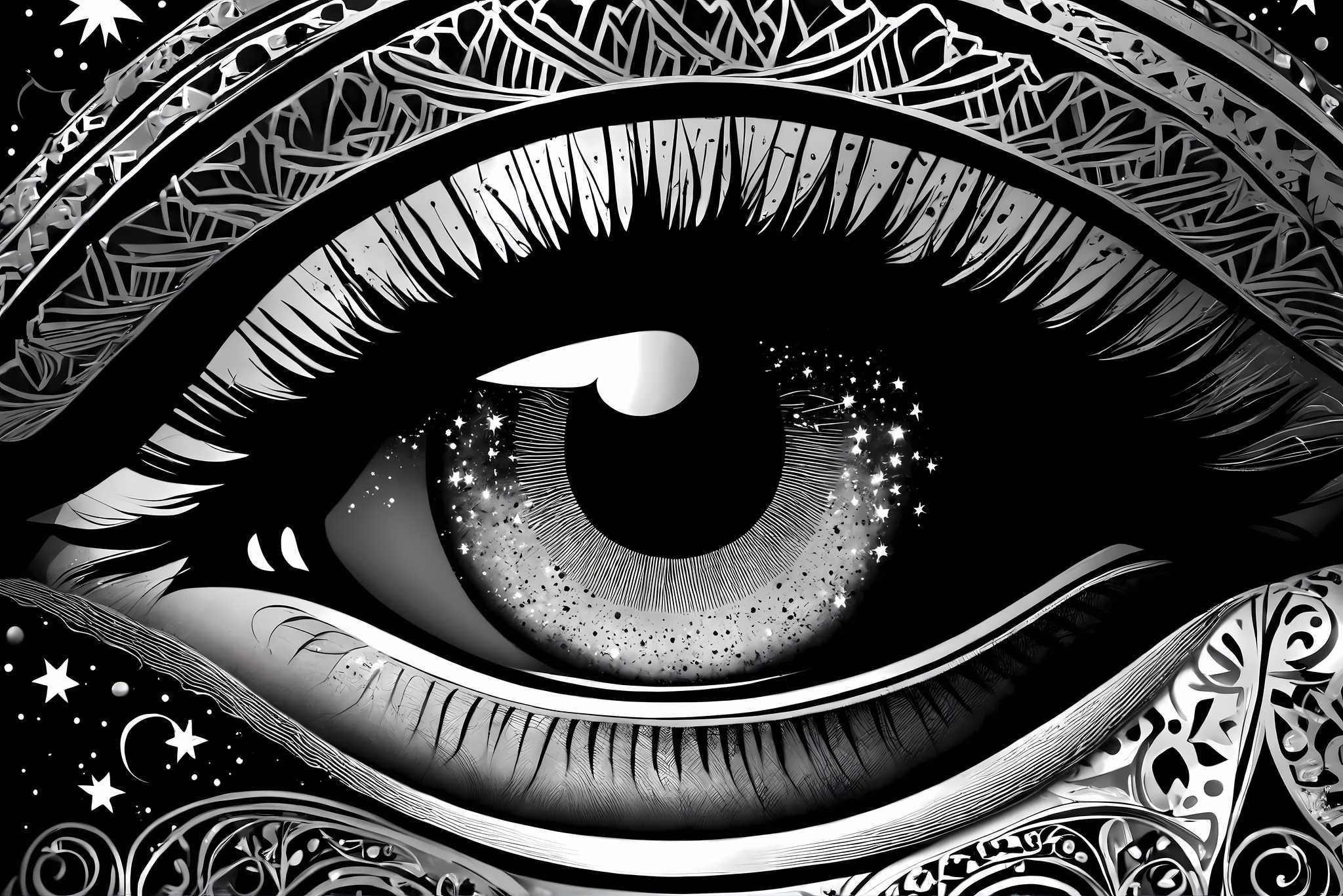 Stargazer's glimpse: Star-filled eye art with dreamy eye illustrations, in a room with contemporary flair, digital art pieces, and luxe decor. The art can be printed on poster, framed poster, canvas, metal, acrylic or wood, exclusively at WallArtZen. Find this exact print at https://wallartzen.com/waz183